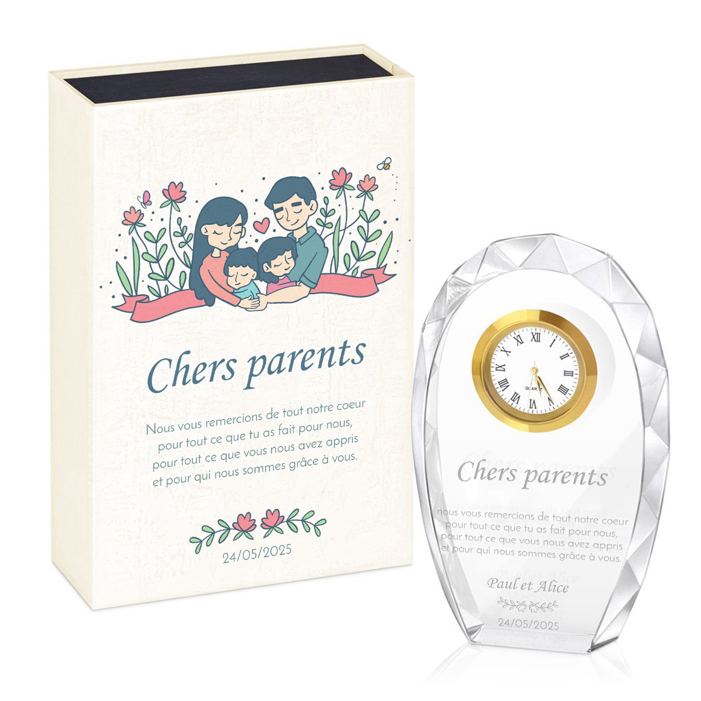 Statuette en cristal Murrano avec gravure au laser dans une boîte imprimée - Cadeau de remerciement pour les parents à un mariage