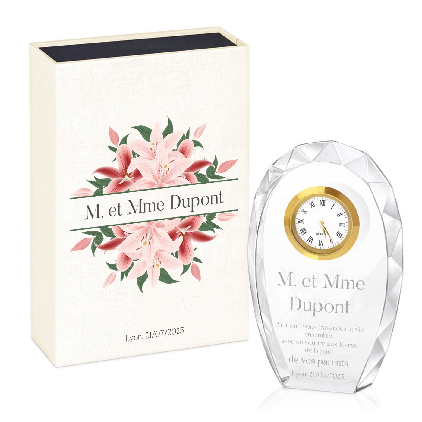 Figurine en cristal Murrano avec gravure dans une boîte imprimée - Cadeau de mariage pour amis