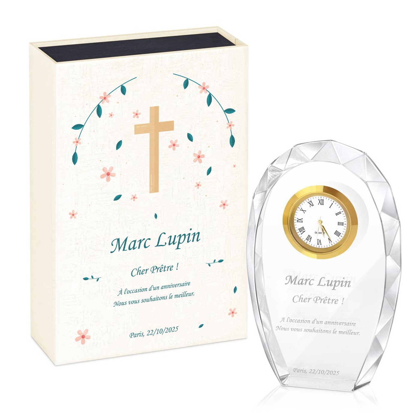 Statuette en cristal Murrano avec gravure dans une boîte imprimée pour l'anniversaire d'un prêtre