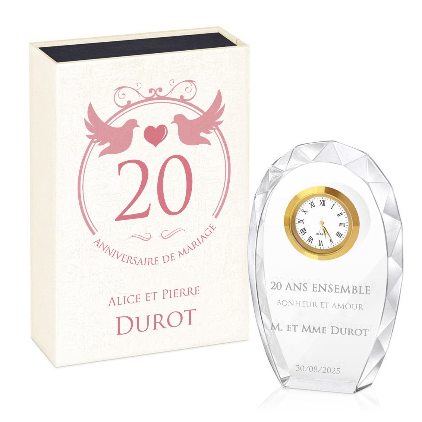 Statuette en cristal Murrano avec gravure dans une boîte imprimée pour couple fêtant leurs 20 ans de mariage