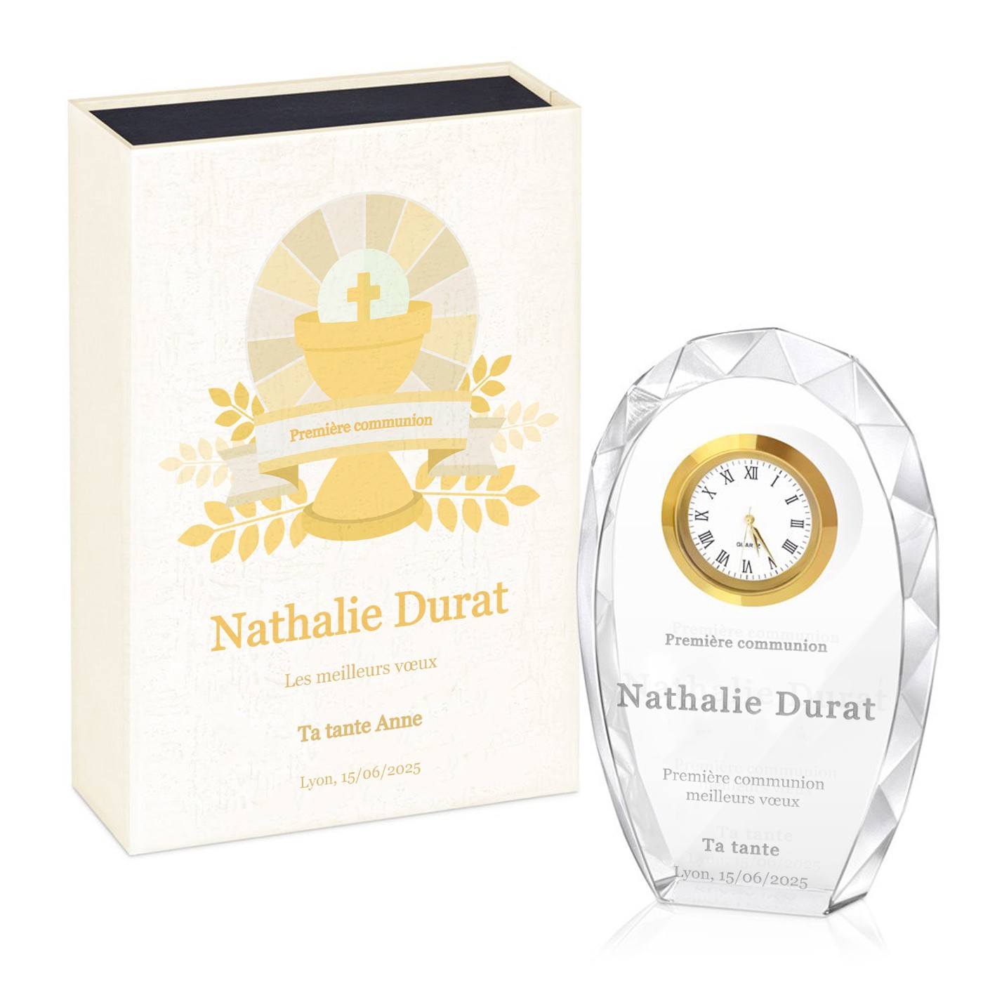 Statuette en cristal Murrano avec gravure dans une boîte imprimée pour fille première communion