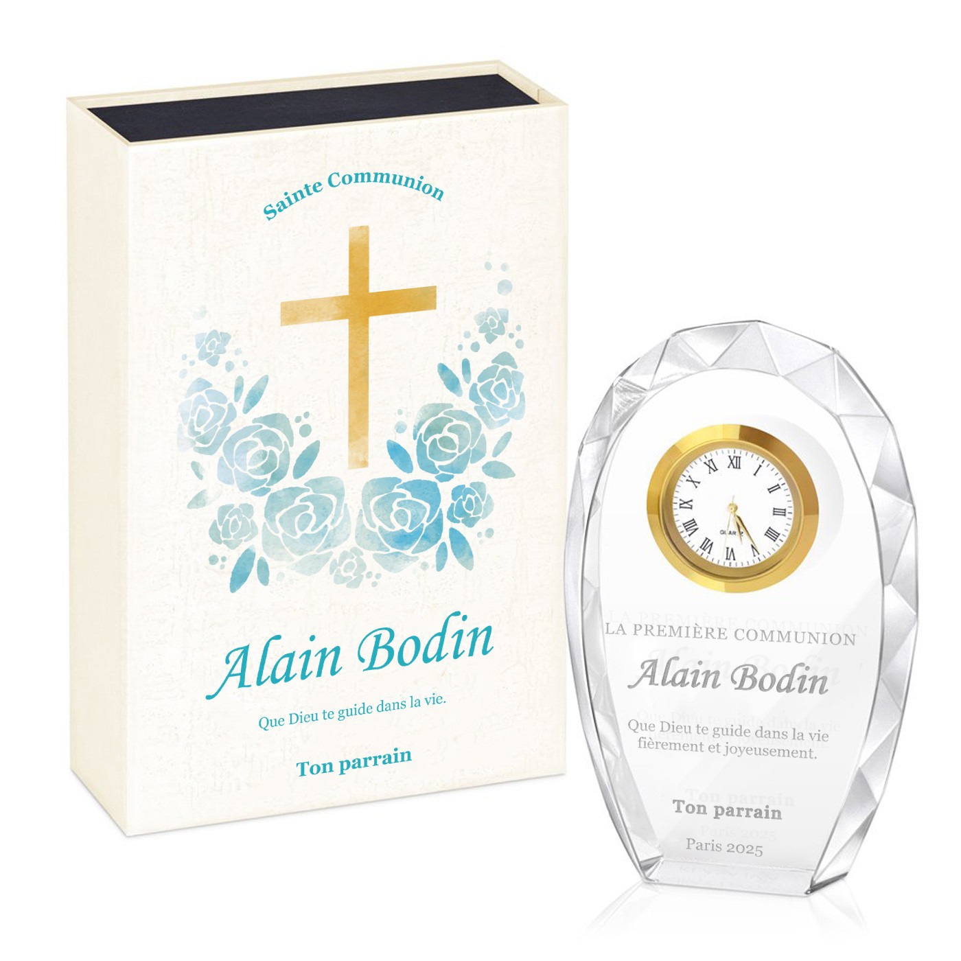 Figura de cristal Murrano con grabado en caja impresa para primera comunión, regalo para madrina
