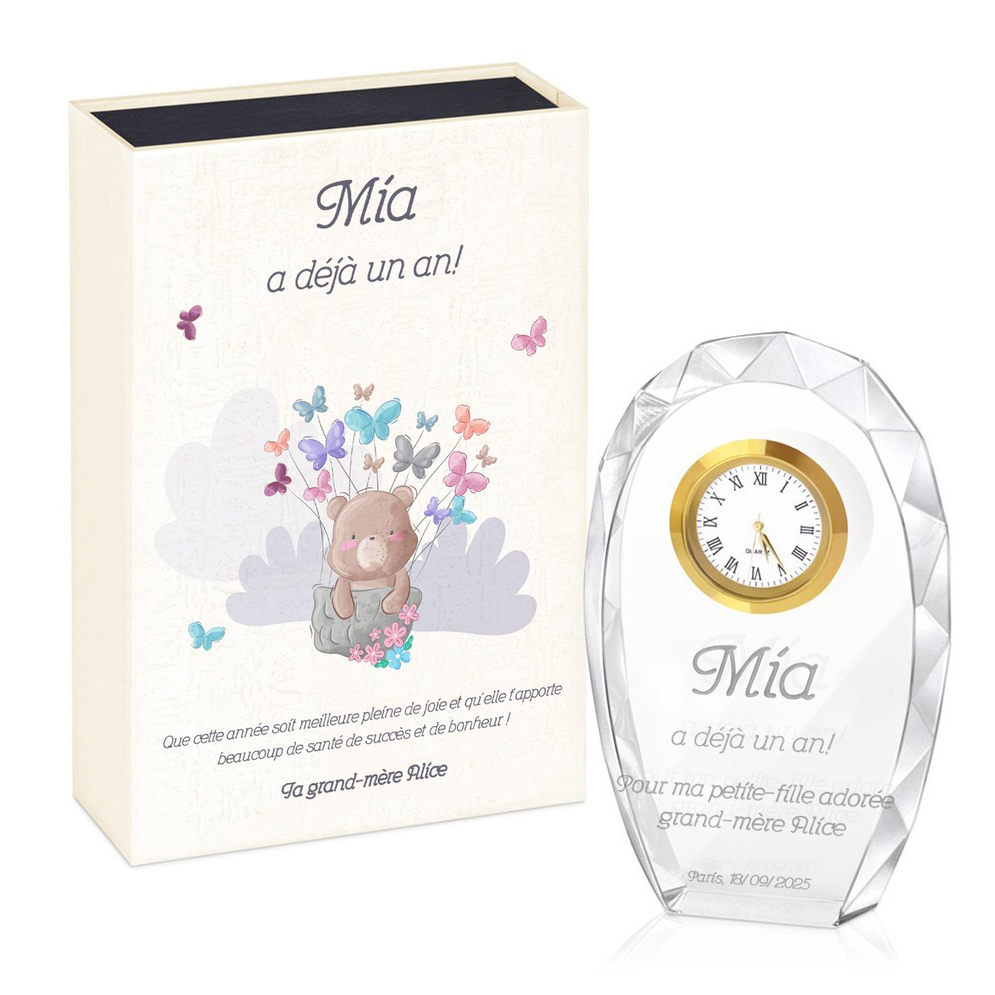 Figura de cristal Murrano con grabado en caja impresa - 1º cumpleaños niña