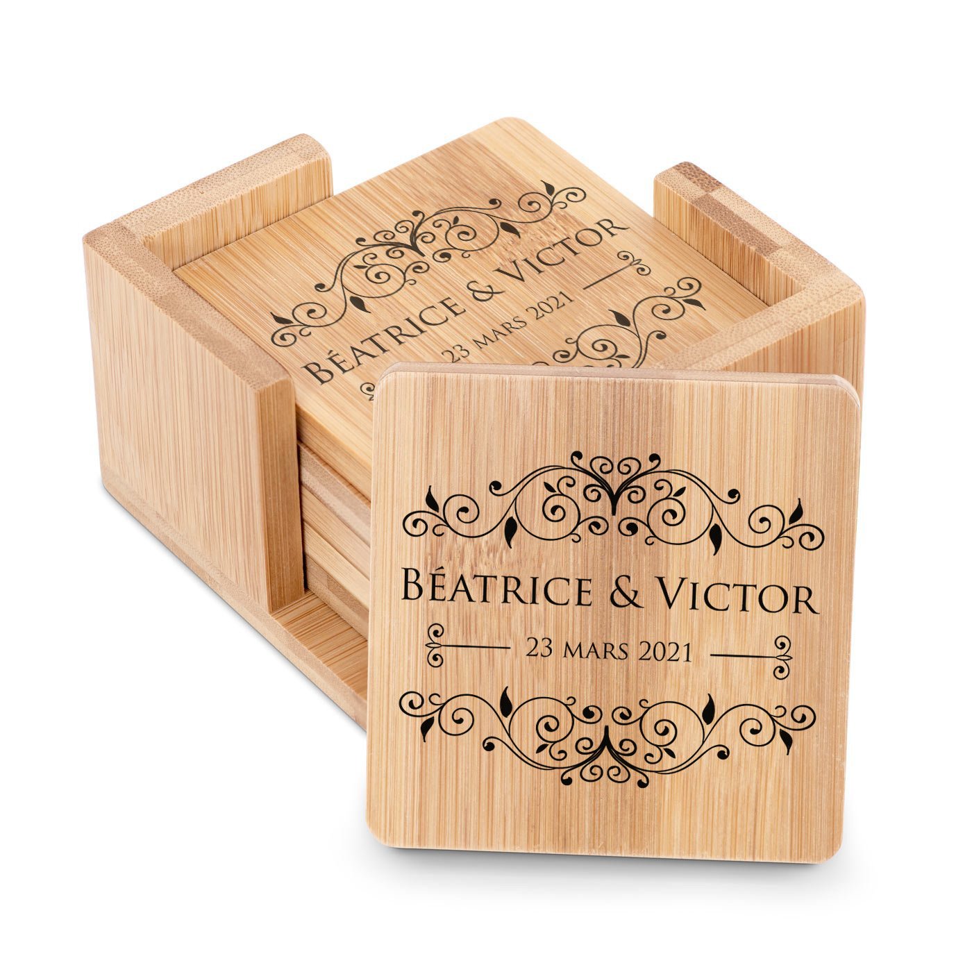 Ensemble de dessous-de-verres en bambou personnalisé pour un couple - Cadeau d'anniversaire de mariage