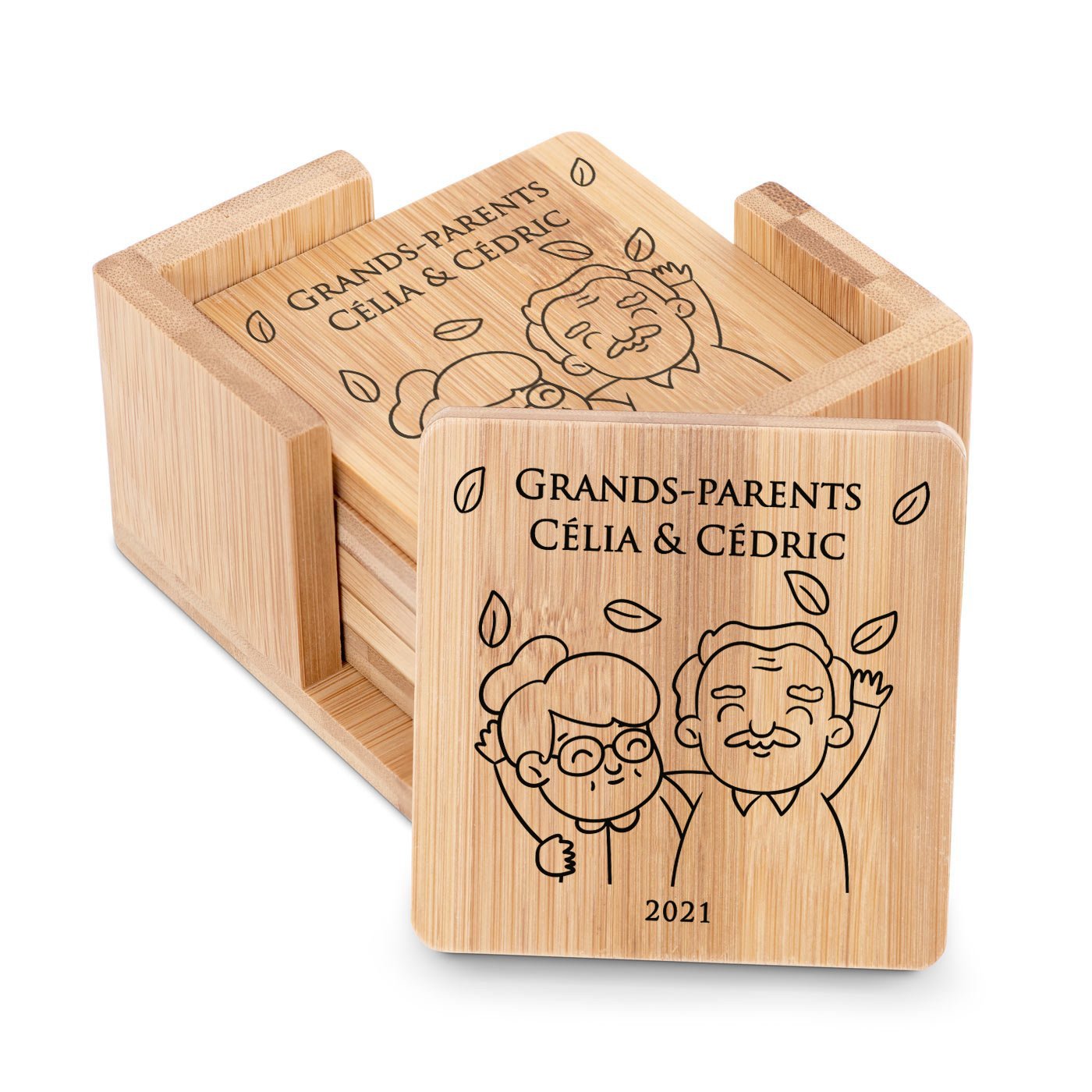 Set de platos para copas de bambú personalizados para abuelos por aniversario de boda