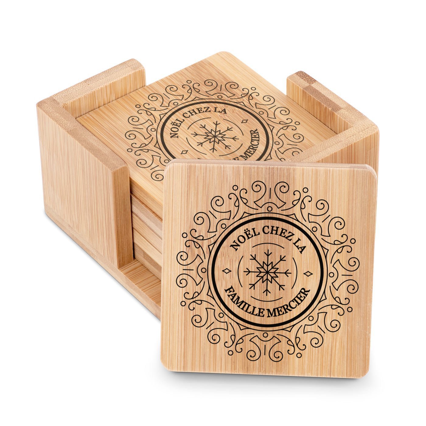 Murrano Bamboo Coasters Set with Custom Print for Friends at Christmas