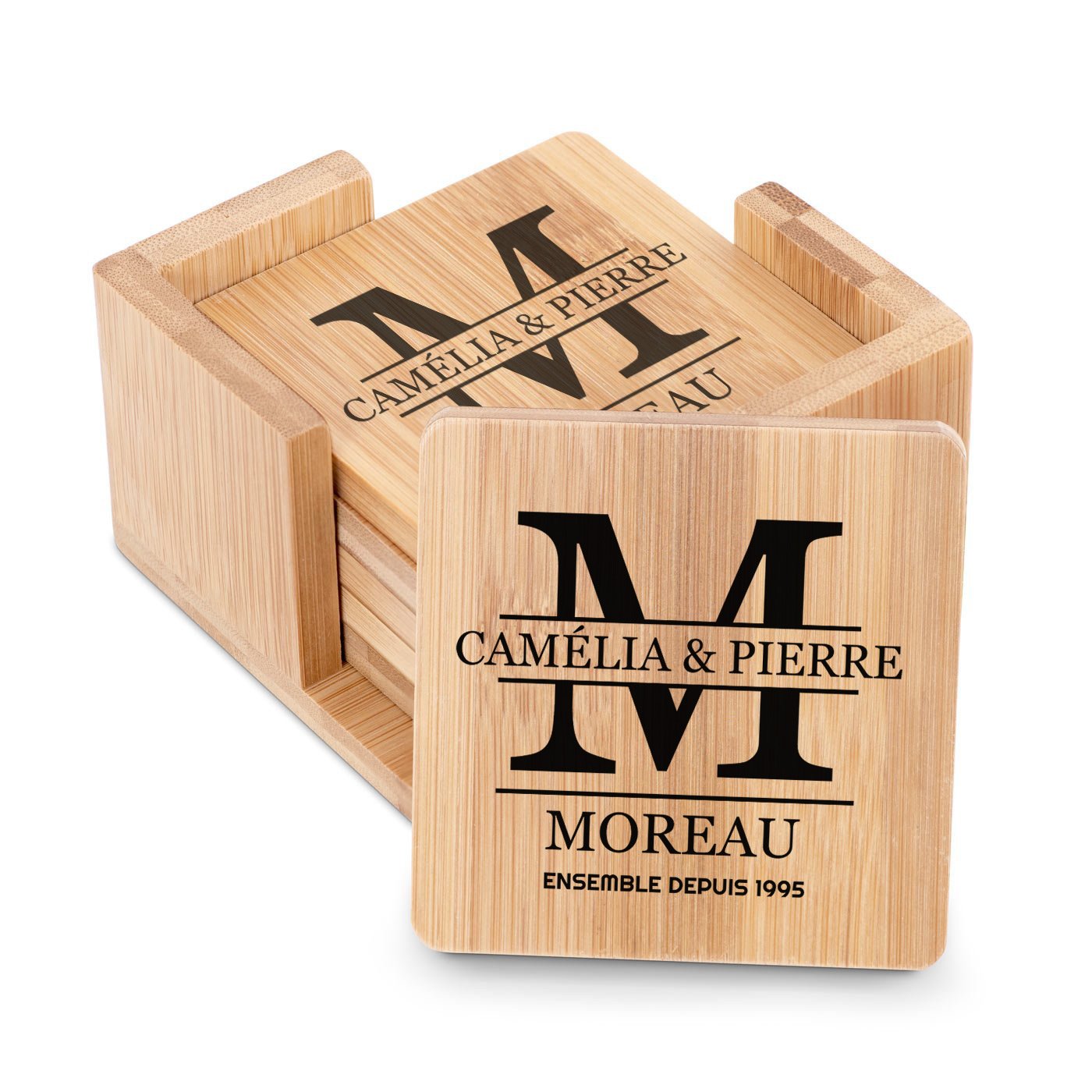 Ensemble de dessous de verres en bambou personnalisé Murrano pour un couple - Cadeau d'anniversaire de mariage