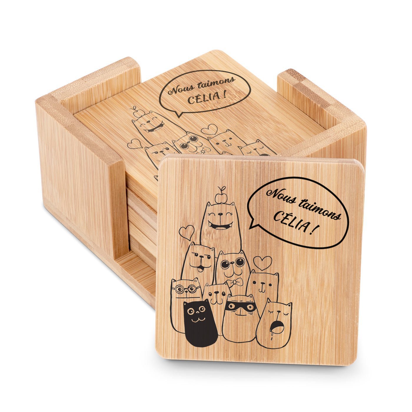 Set de protectores de vasos de bambú personalizados para fanática de gatos Murrano