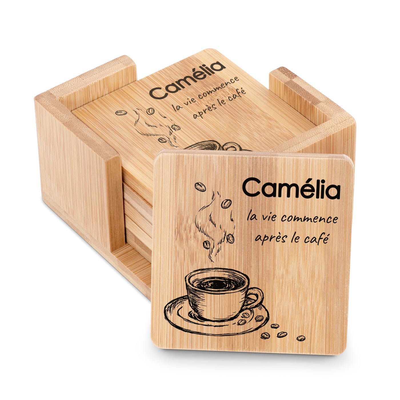Set de bajo vaso de bambú Murrano con impresión personalizada para el cumpleaños de una colega