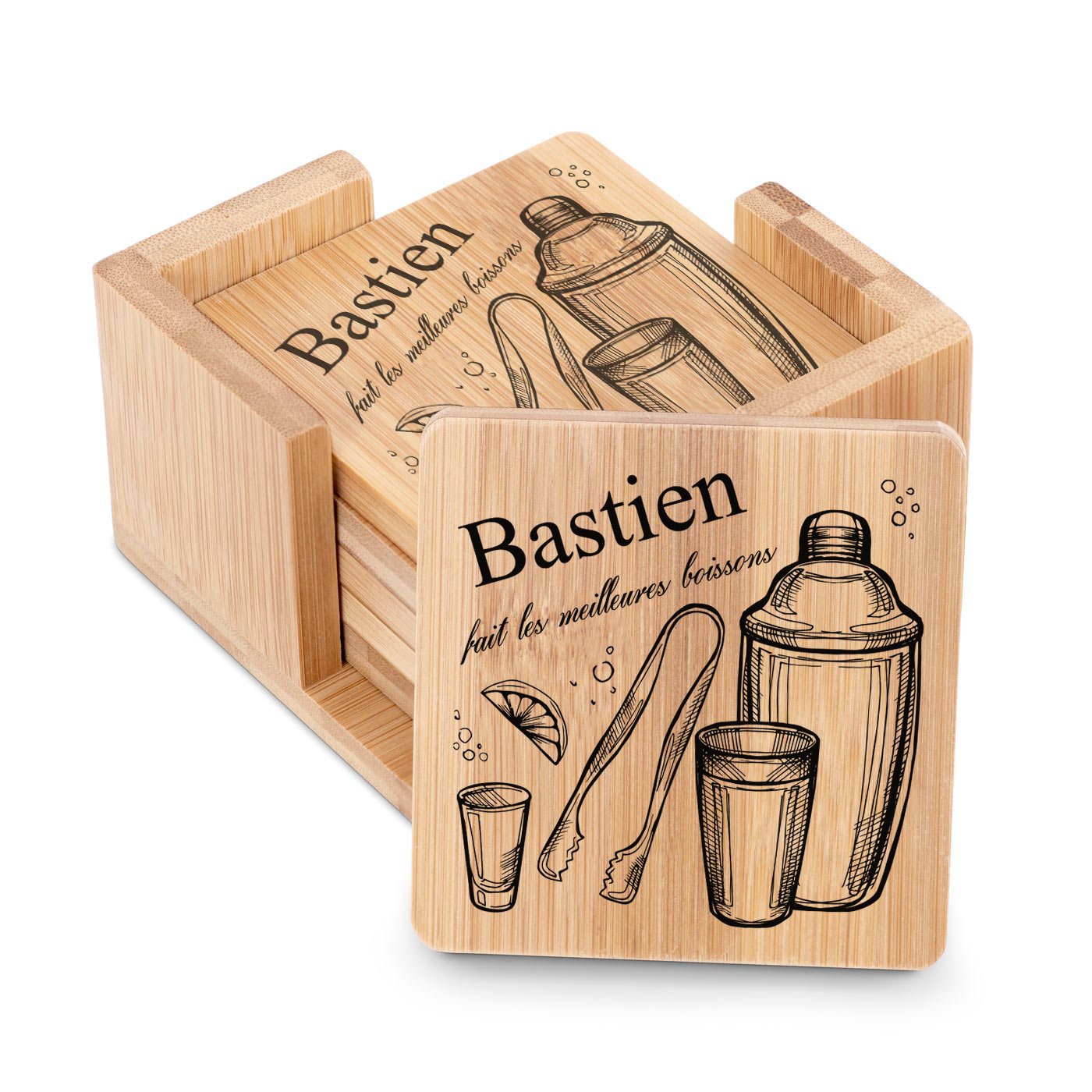Set de protectores de vasos de bambú Murrano con impresión personalizada para el cumpleaños de un hombre