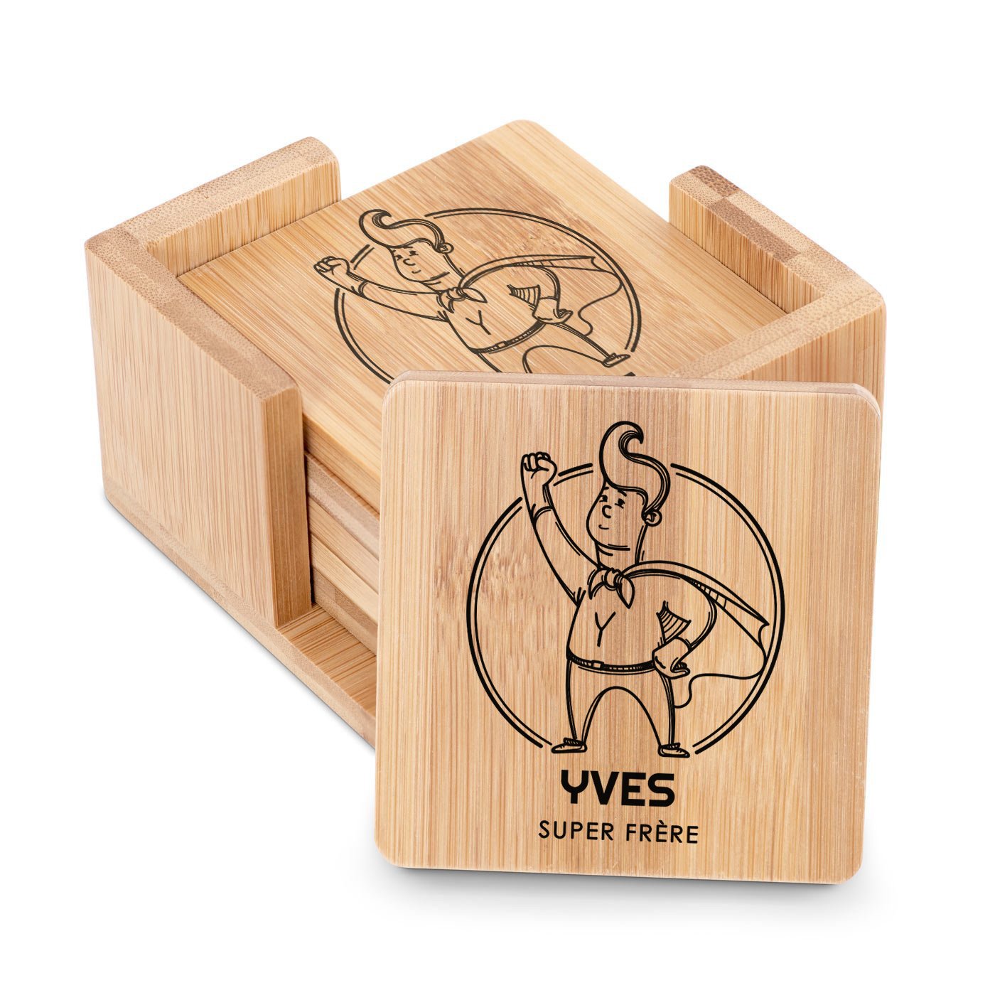 Ensemble de dessous de verres en bambou Murrano avec impression personnalisée pour l'anniversaire d'un frère