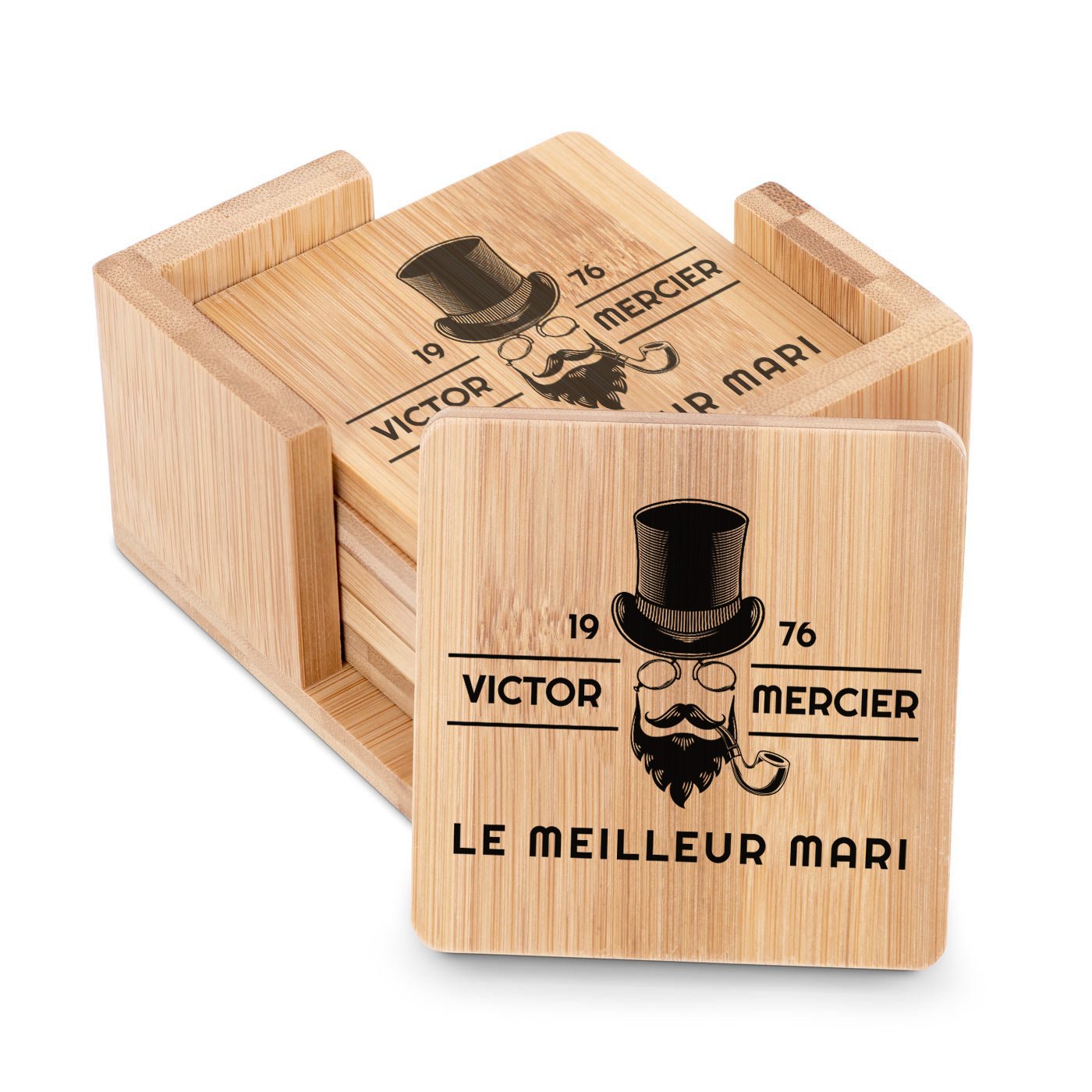 Set de protectores de vasos de bambú Murrano con impresión personalizada para el aniversario de bodas de su esposo