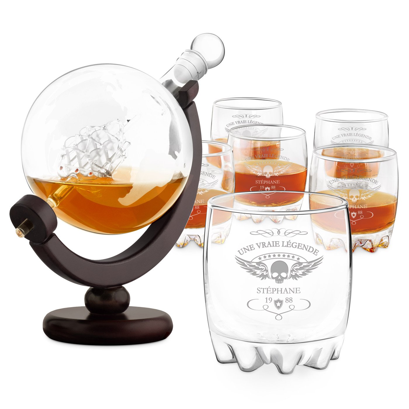Set de decantador de whisky en forma de globo Murrano y sus 6 vasos para entusiasta de las motos