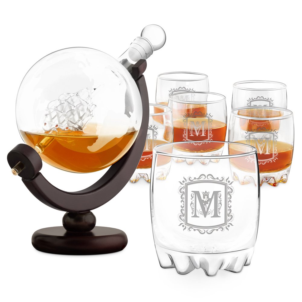 Conjunto de cáfara de whisky Murrano Globo y 6 vasos con inicial grabada