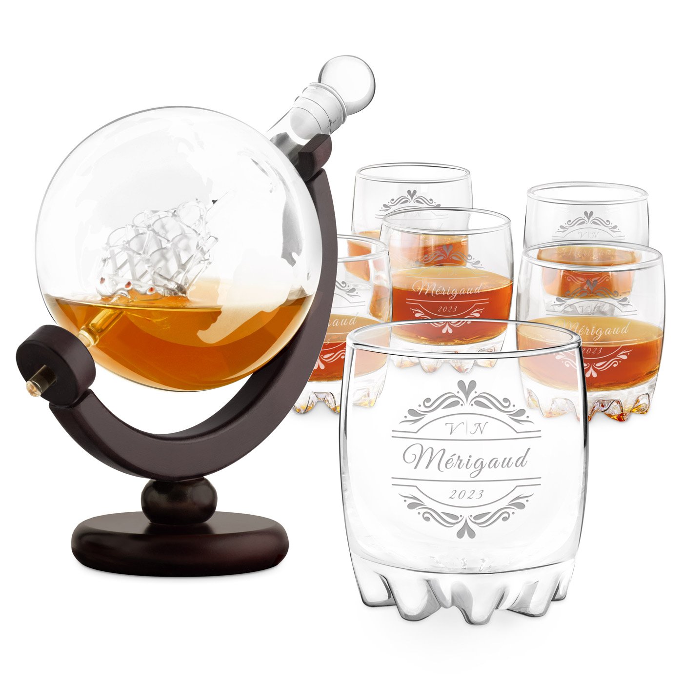 Set de decantador de whisky globo personalizado Murrano con barco y 6 vasos