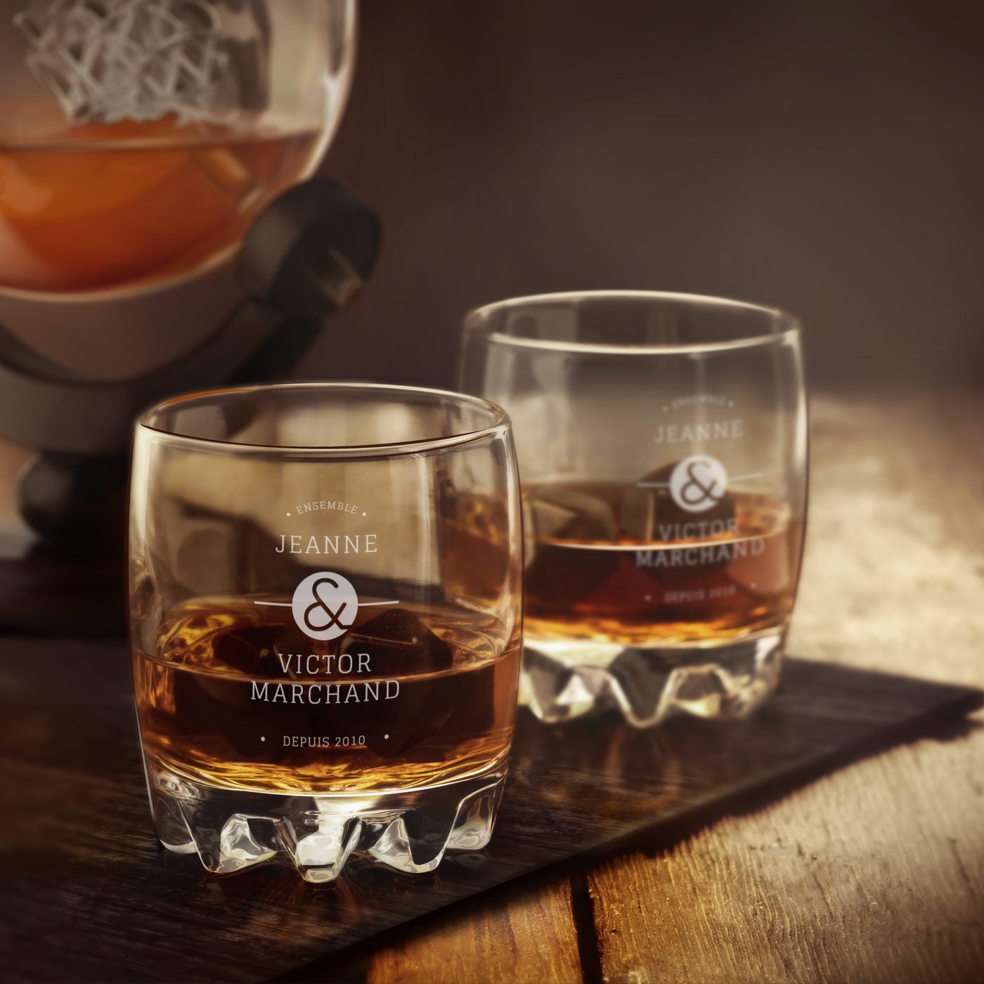 Set de decantador de whisky Murrano en forma de globo con barco y 6 vasos personalizados para pareja - Aniversario de boda