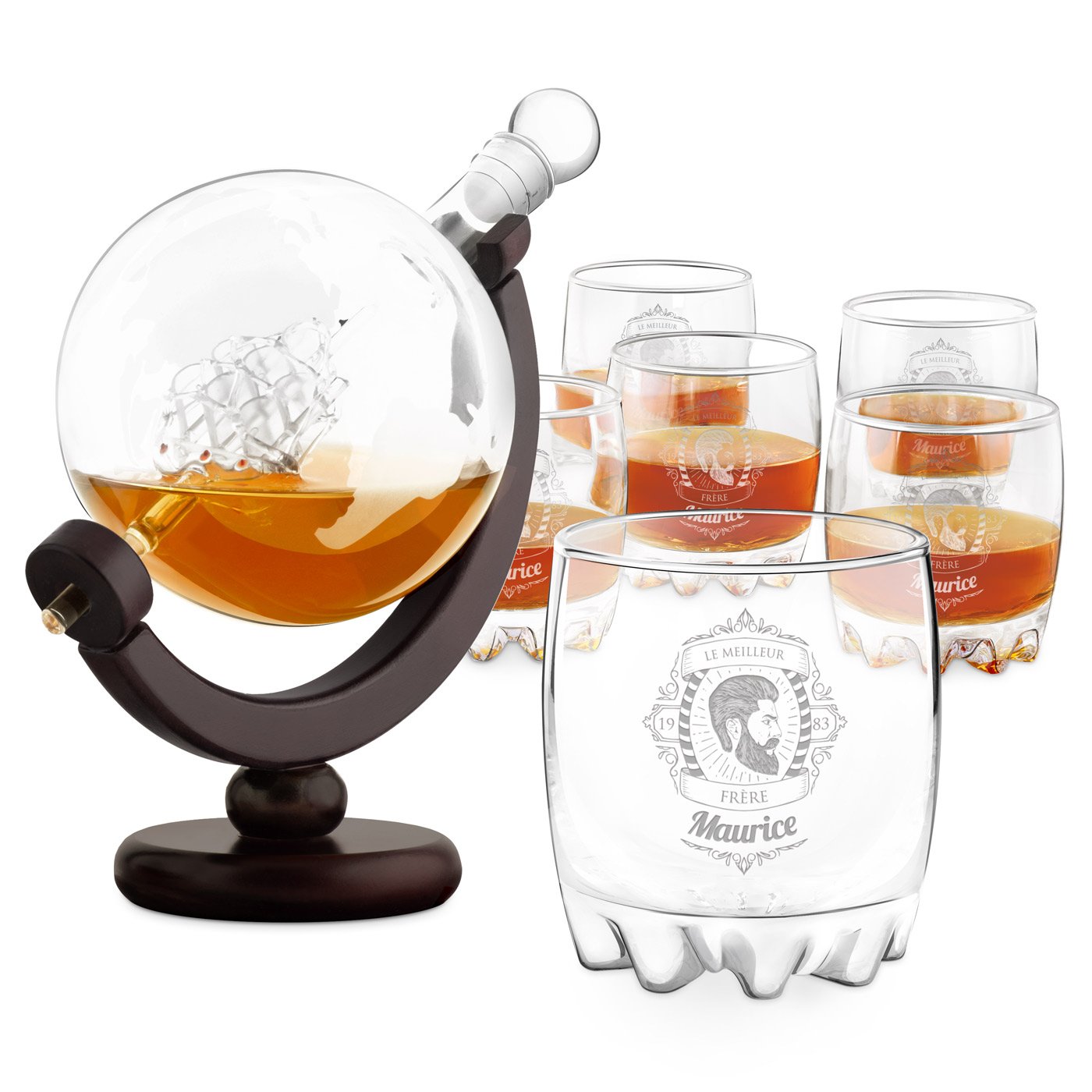 Cono de whisky Globo Murrano y 6 vasos con grabado para hermano