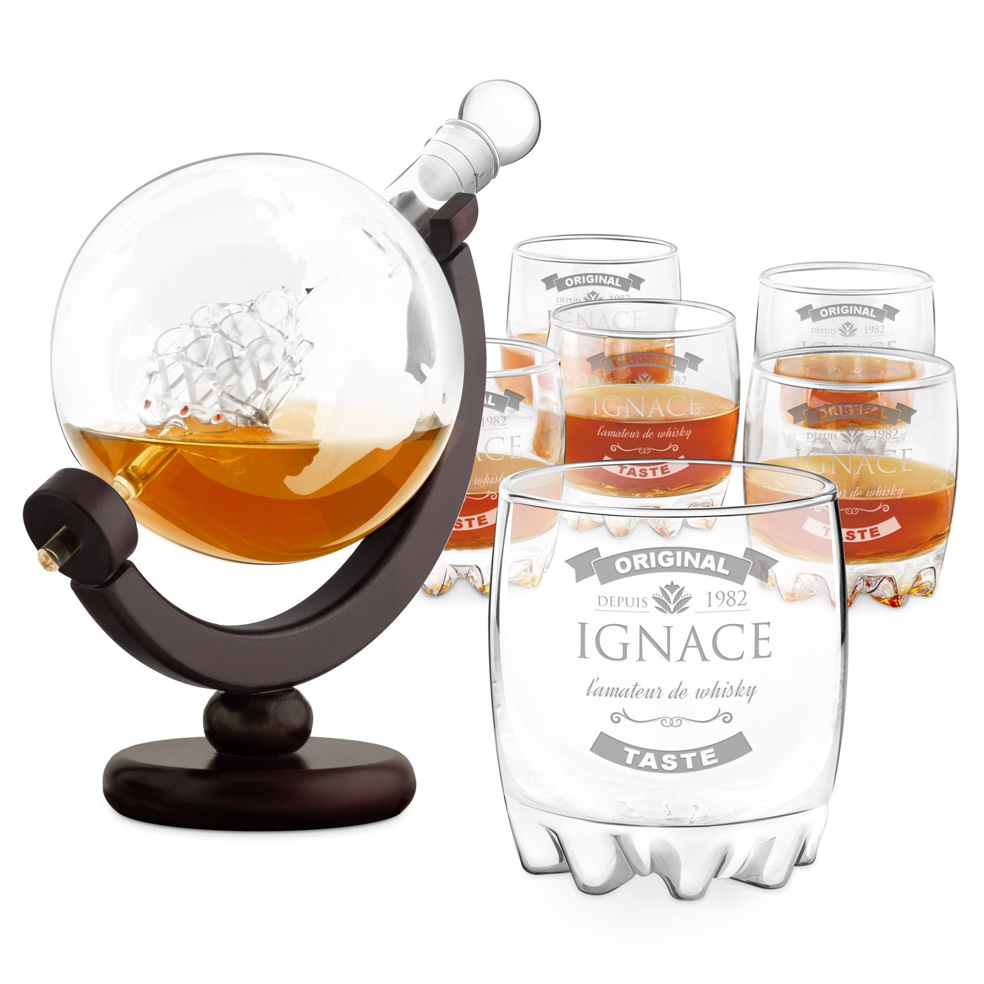 Set de decantador de whisky Murrano con 6 vasos grabados