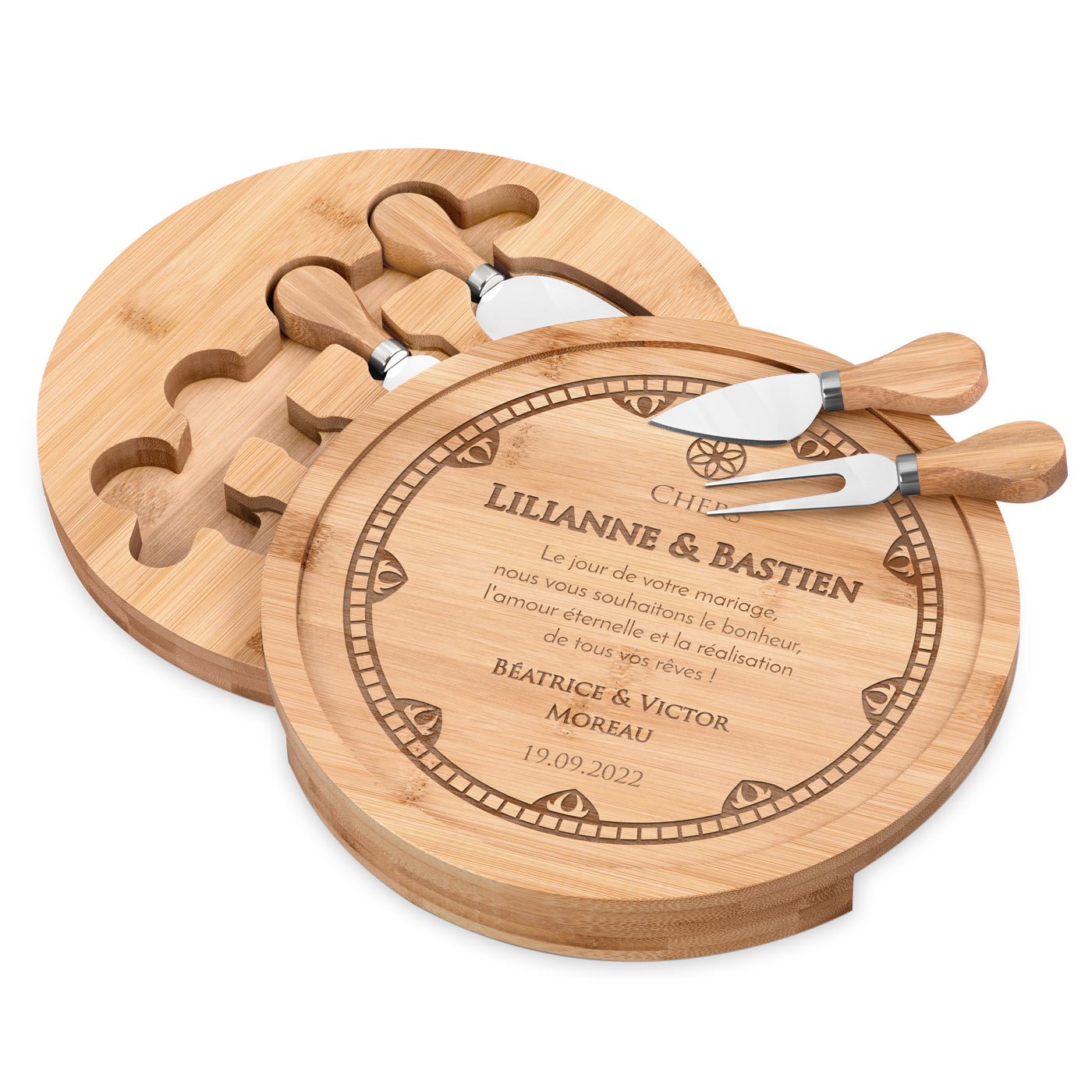 Plateau à fromage en bois personnalisé pour un jeune couple