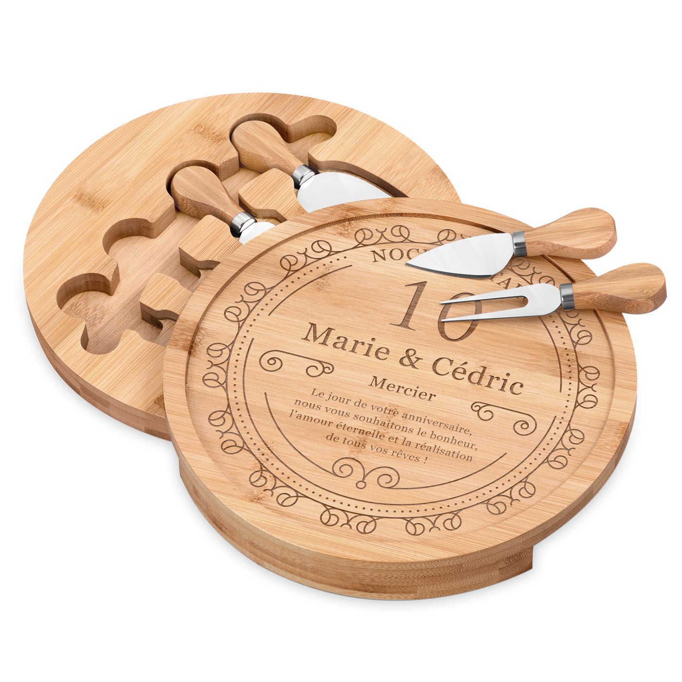 Plateau à fromage en bois personnalisé Murrano pour un couple célébrant 10 ans de mariage