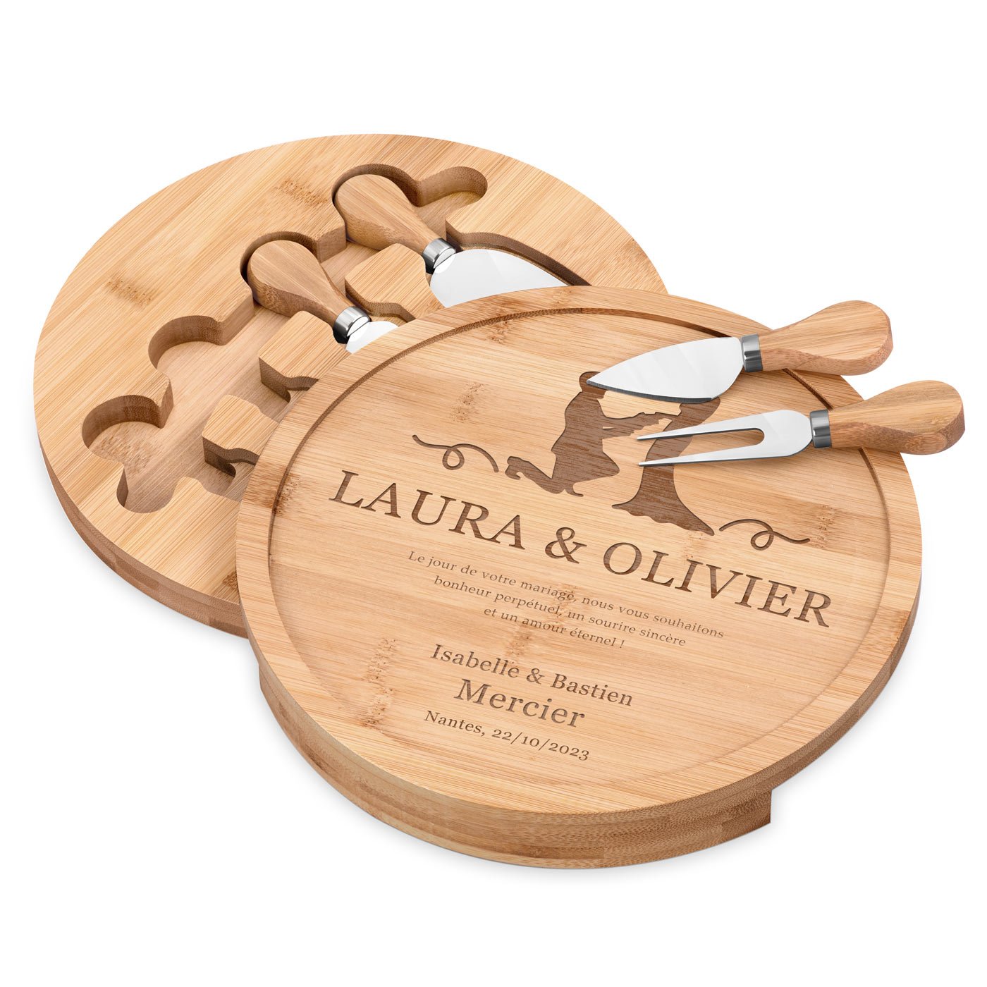 Plateau à fromage en bois gravé pour mariage Murrano