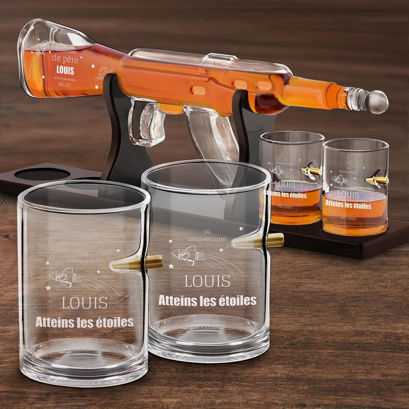 Set de decantador de whisky en forma de pistola Murrano con 4 vasos para el cumpleaños número 50 de papá