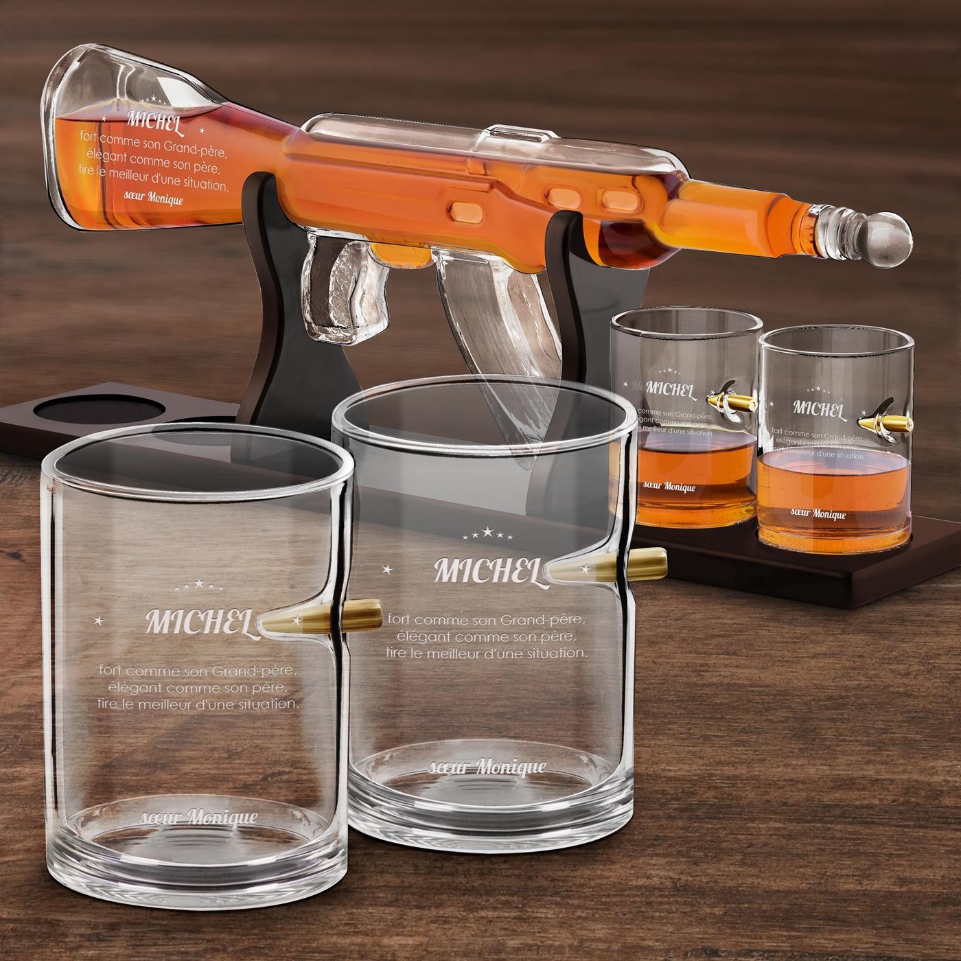 Ensemble de verres à whisky Murrano - Décanteur en forme de fusil personnalisé et 4 verres