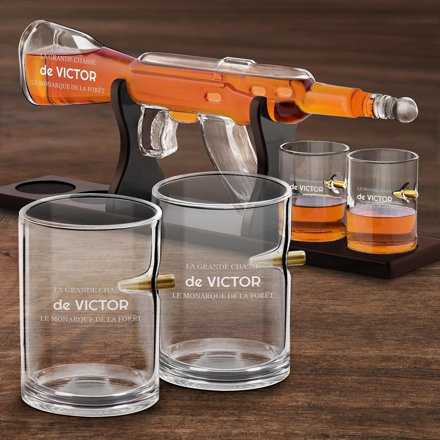 Set de decantador de whisky Murrano con forma de fusil y 4 vasos