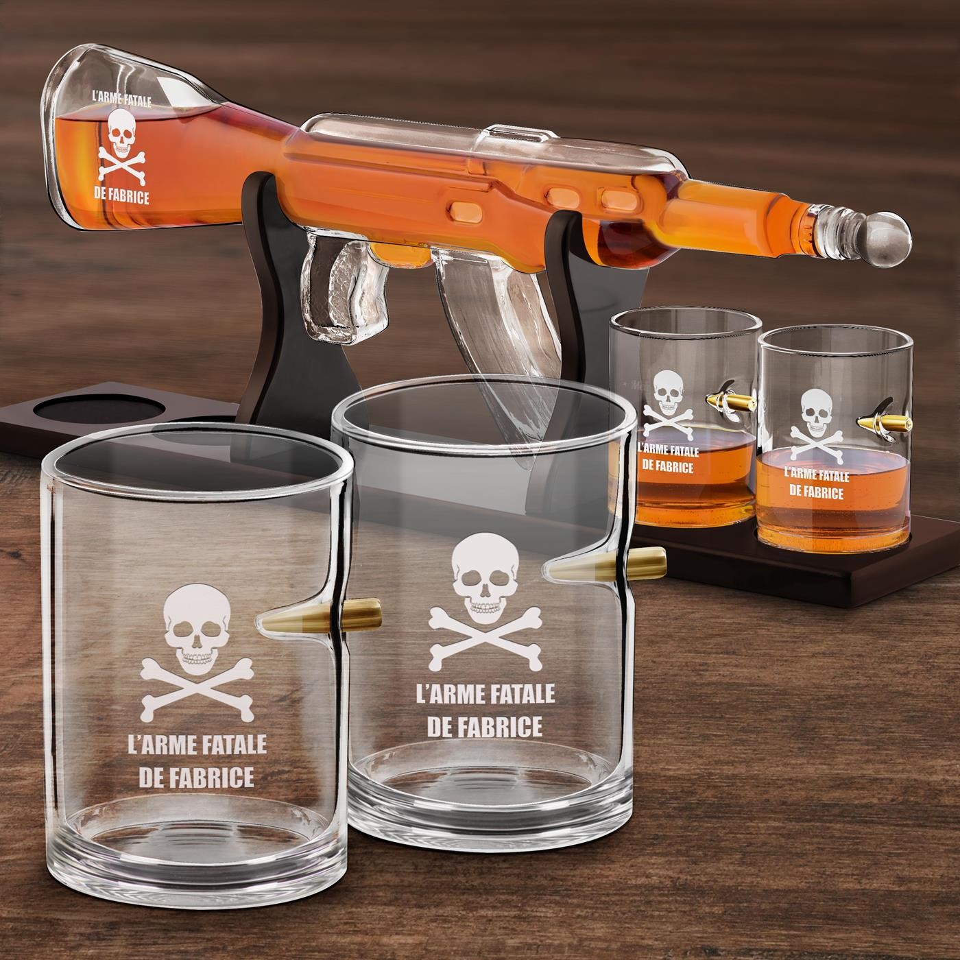 Ensemble décanteur whisky Murrano en forme de fusil avec 4 verres