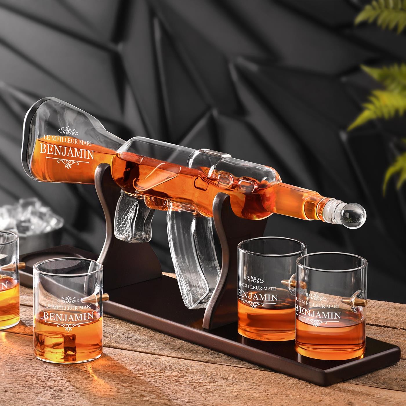 Murrano Fusil Whisky Decanter and 4 Glasses with Engraving