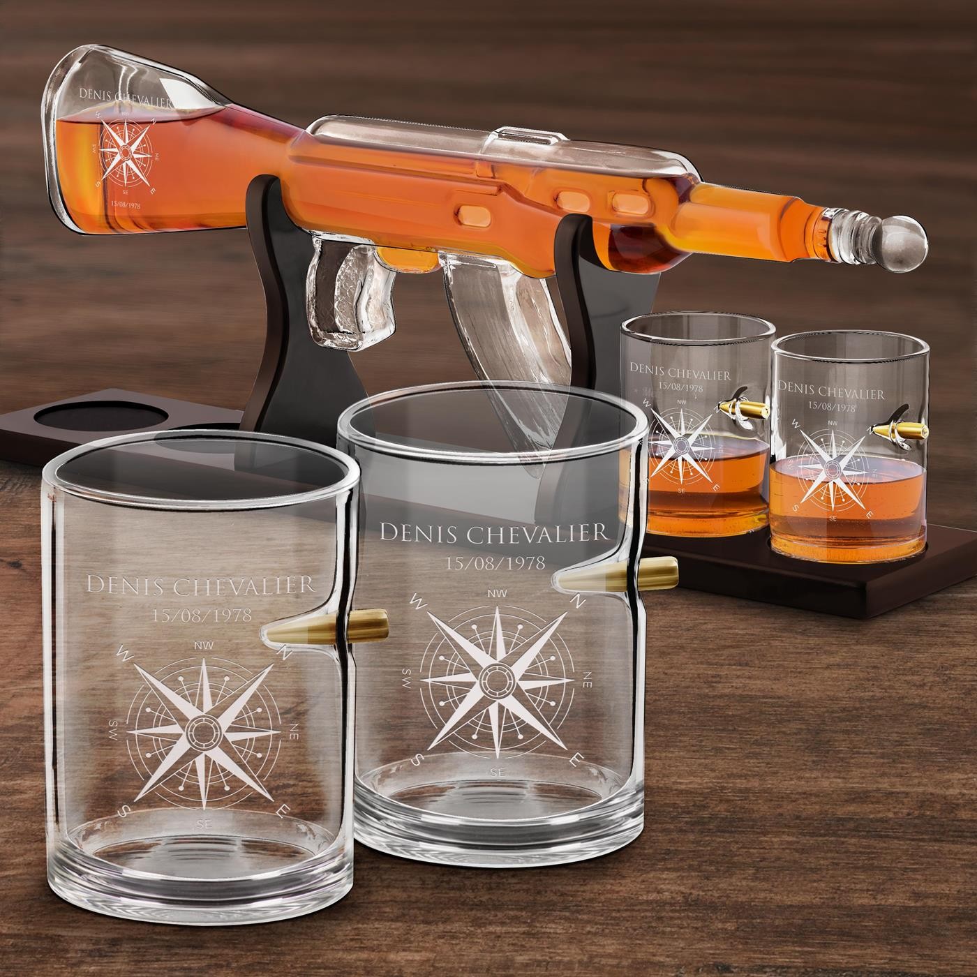 Set de decantador de whisky Murrano en forma de fusil con 4 vasos para viajeros