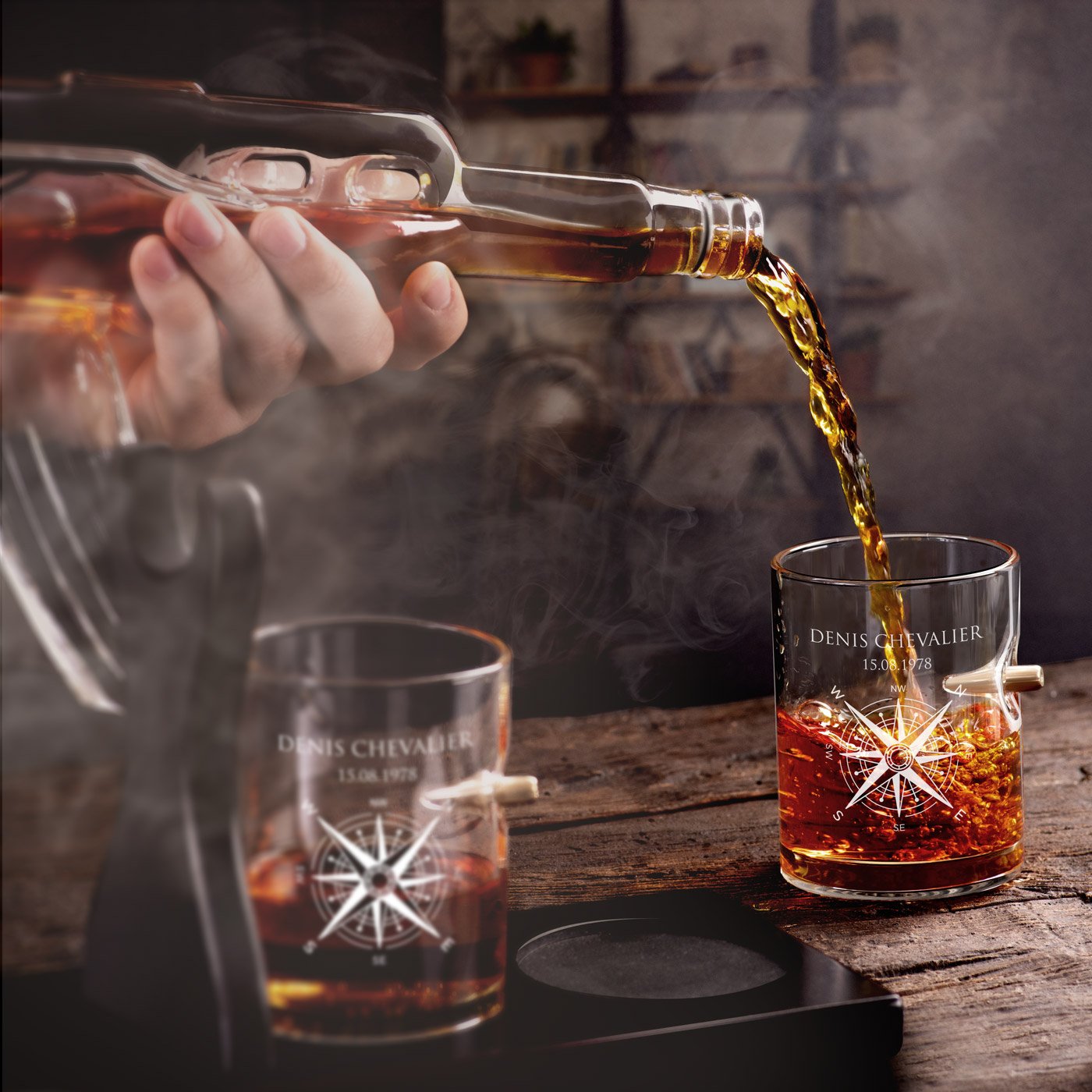 Set de decantador de whisky Murrano en forma de fusil con 4 vasos para viajeros
