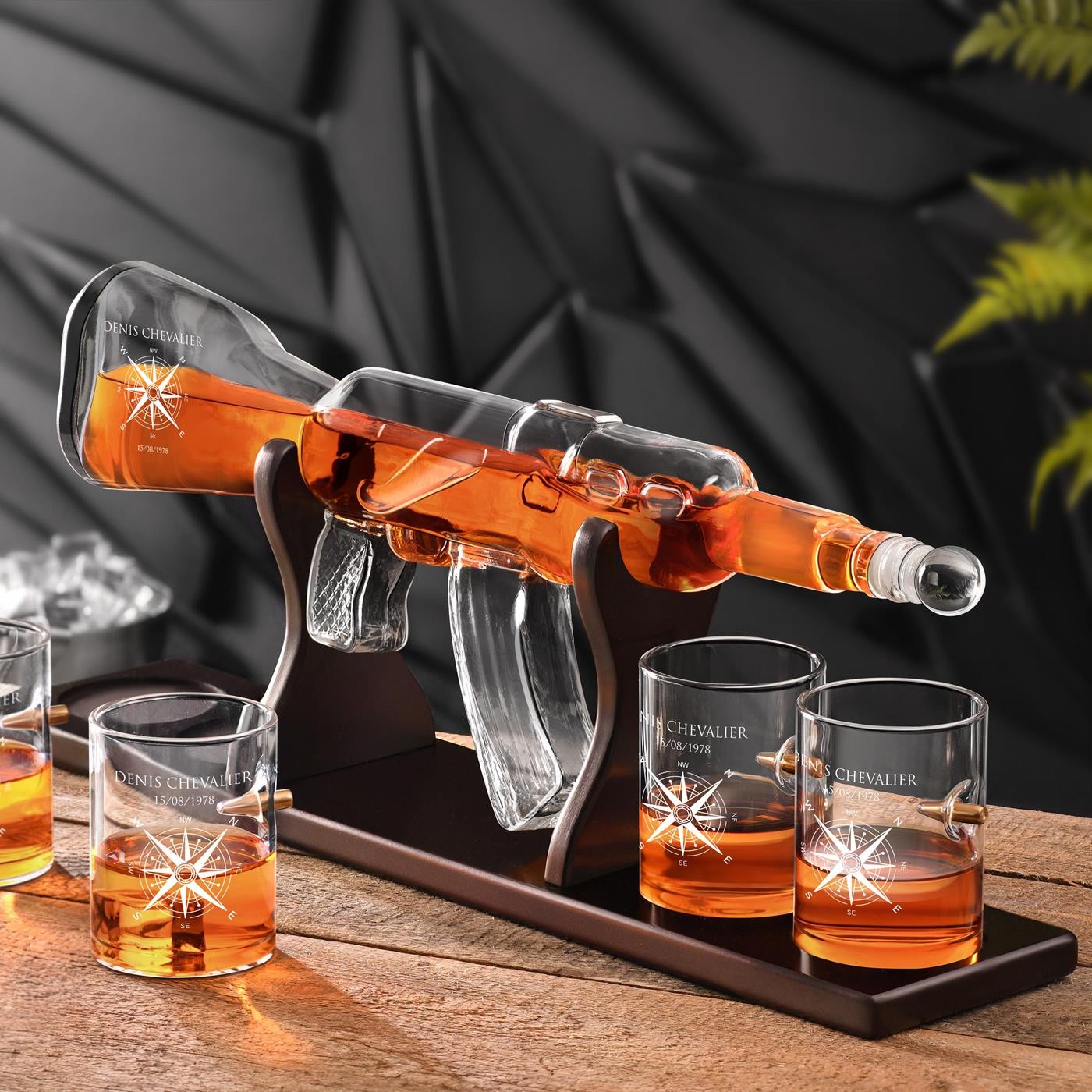 Set de decantador de whisky Murrano en forma de fusil con 4 vasos para viajeros