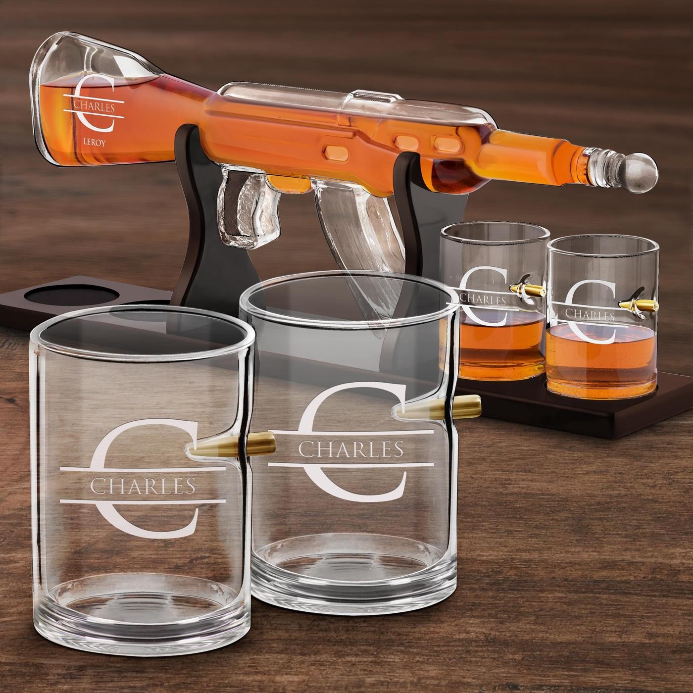 Set de jarra de whisky en forma de fusil y vasos con grabado personalizado de Murrano
