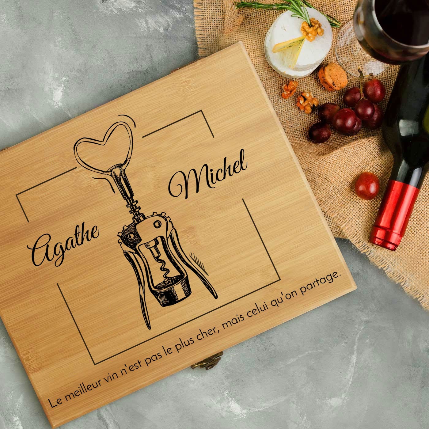 Murrano Personalized Bamboo Wood Wine Accessory Set for Couple's Wedding Anniversary