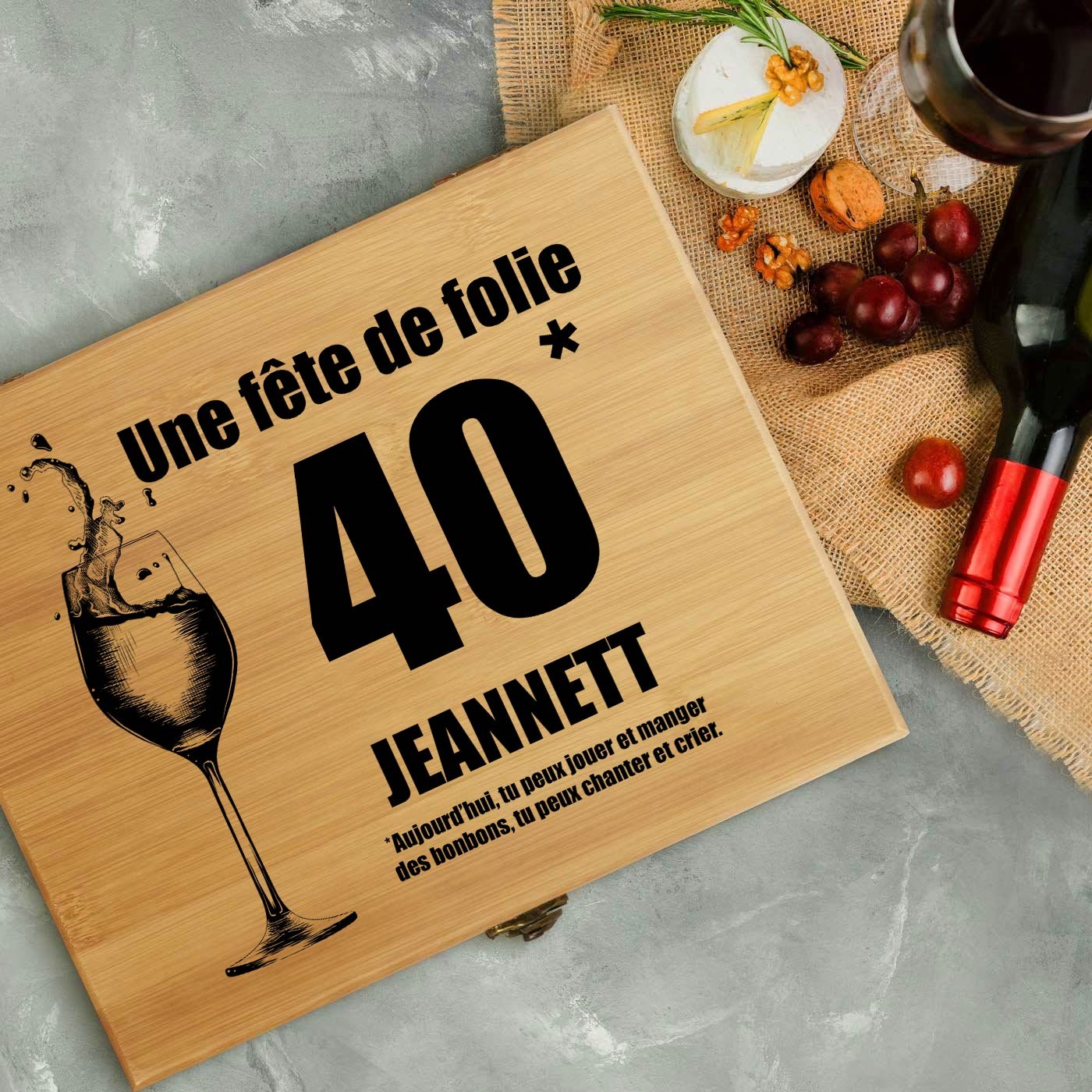 Murrano Wine Accessory Set with Bamboo Wood Box for Her 40th Birthday