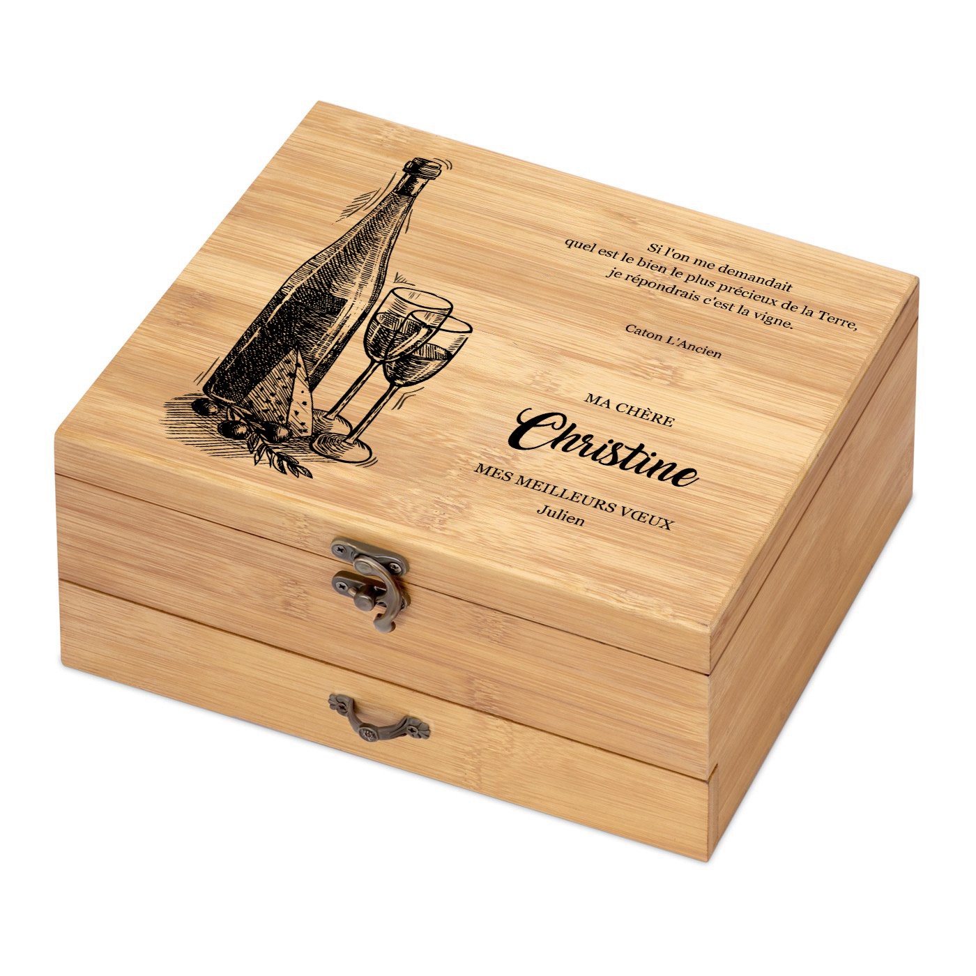 Set de accesorios para vino con caja de madera de bambú personalizada para cumpleaños o Navidad