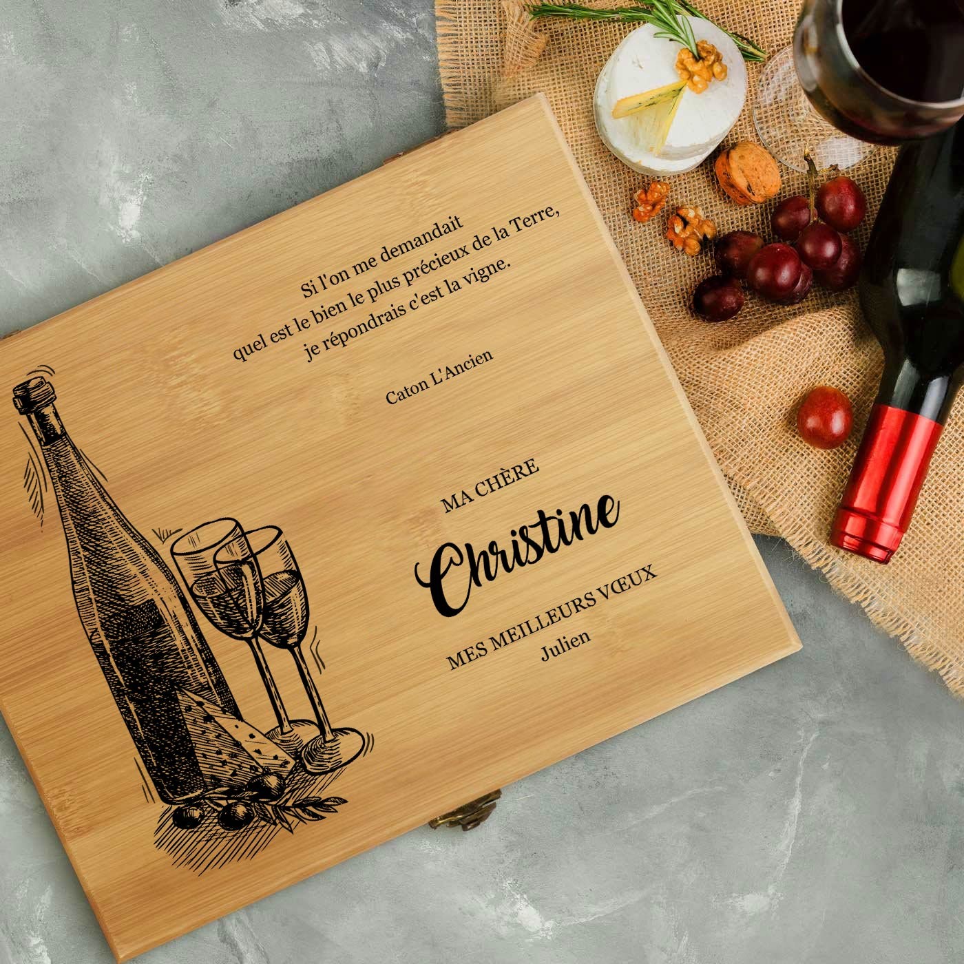 Set de accesorios para vino con caja de madera de bambú personalizada para cumpleaños o Navidad