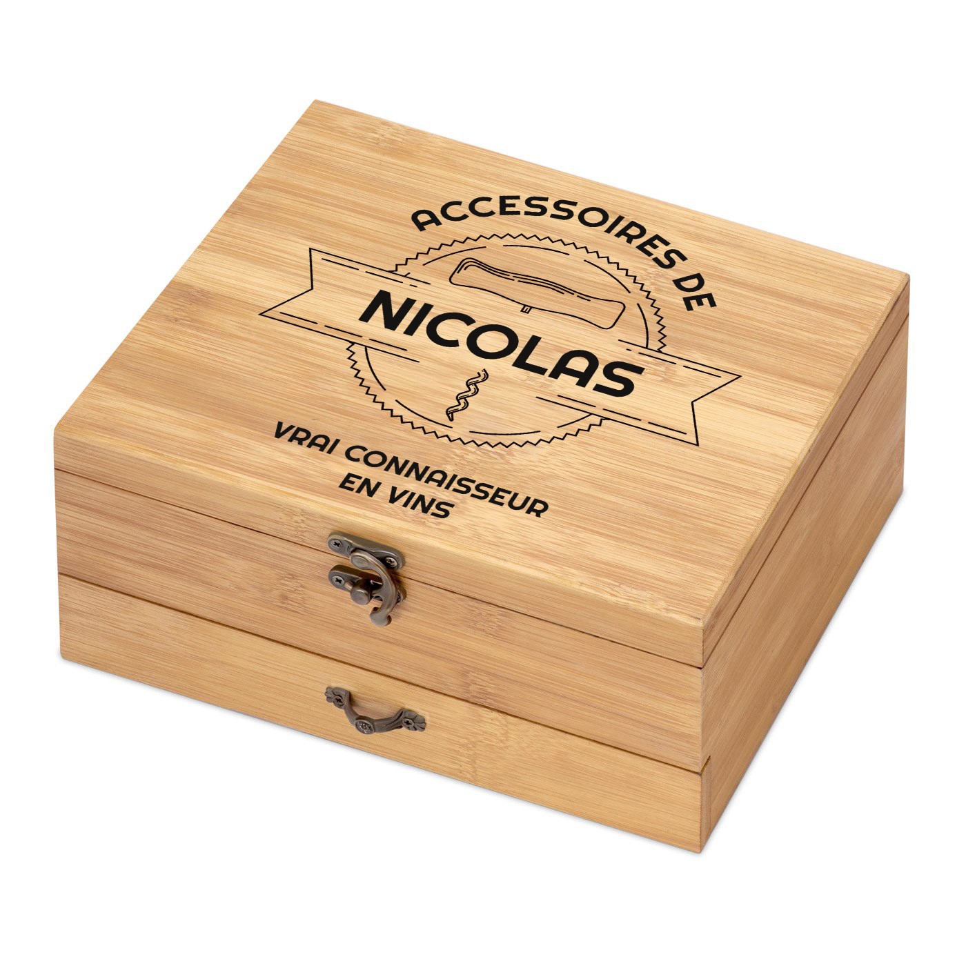 Murrano Wine Accessory Set with Bamboo Wood Box - Personalized for EVG
