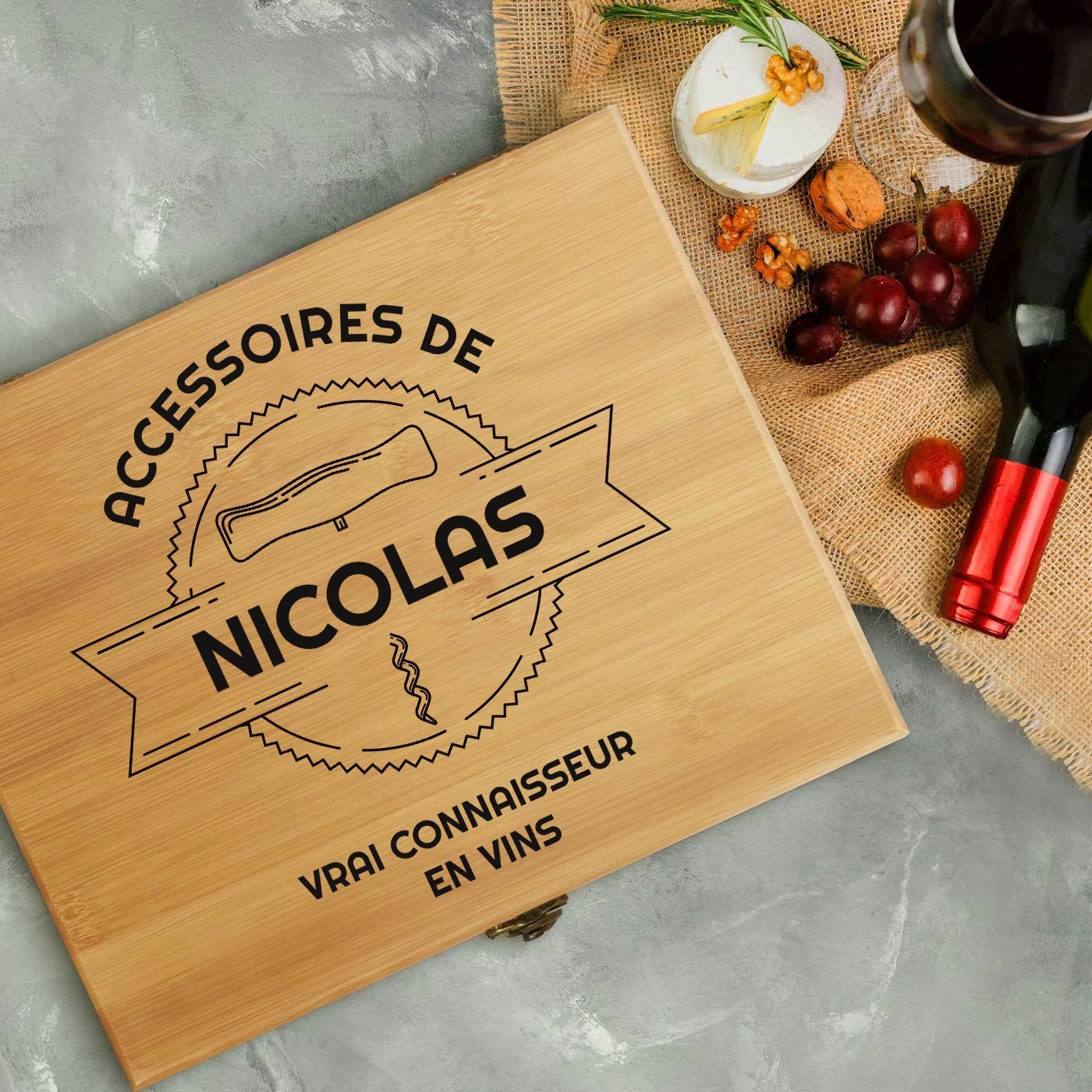 Murrano Wine Accessory Set with Bamboo Wood Box - Personalized for EVG