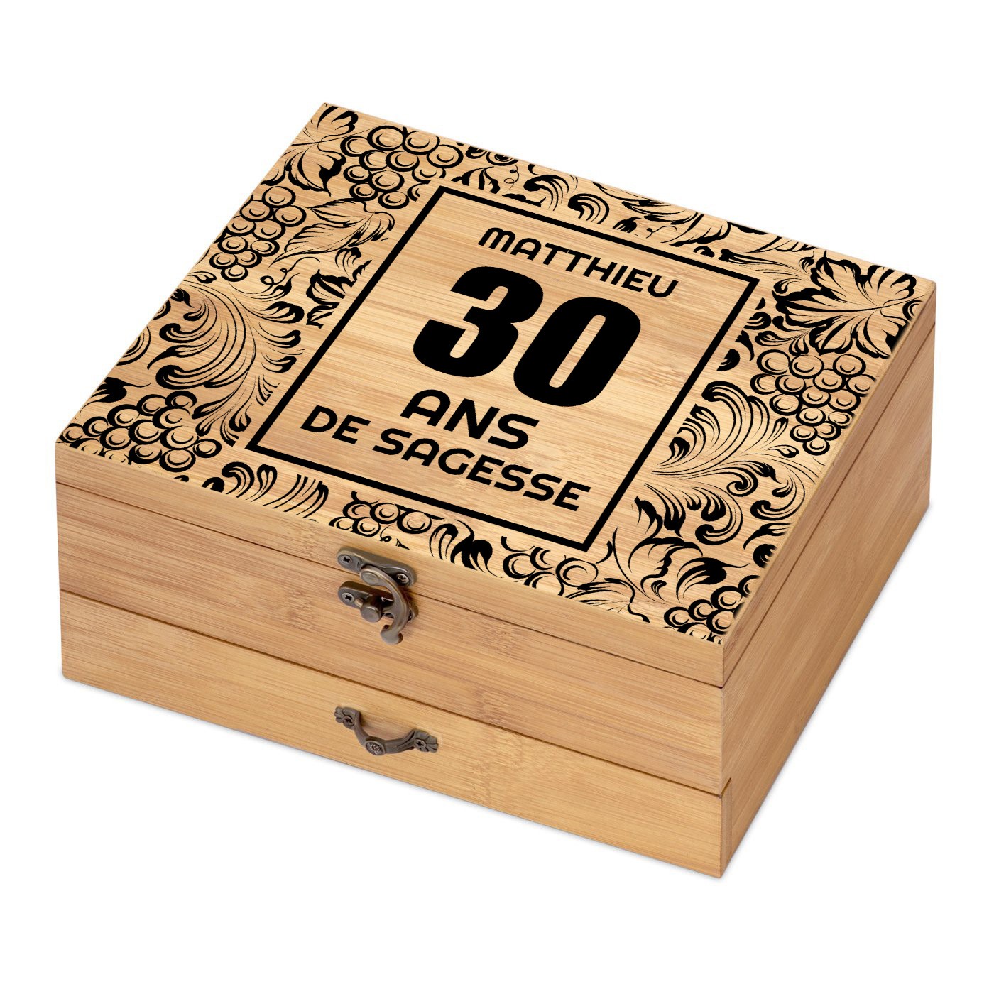 Set de accesorios para vino Murrano de madera de bambú personalizado para un hombre por su 30º cumpleaños