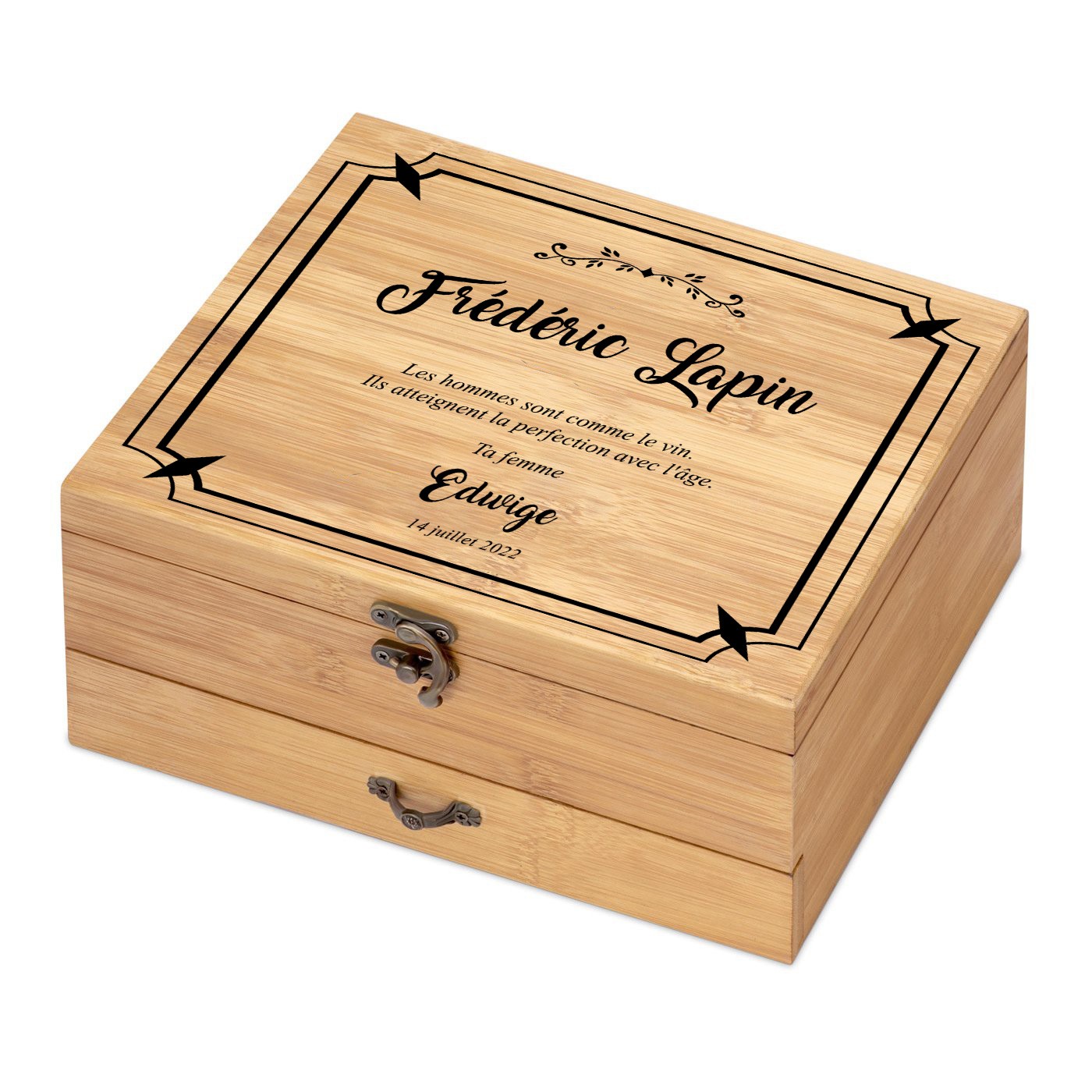 Murrano Bamboo Wood Wine Accessory Set with Custom Print for Husband's Anniversary