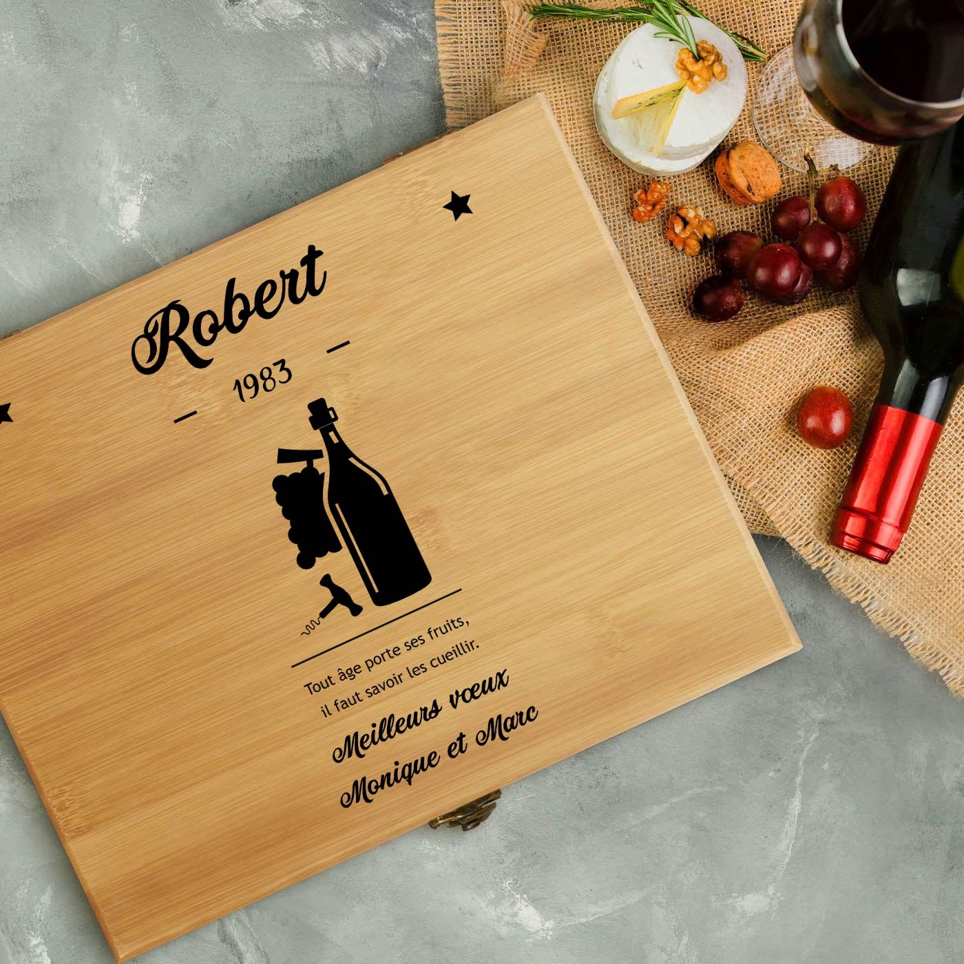 Murrano Wine Accessory Set with Personalized Bamboo Wood Box for Son's Birthday