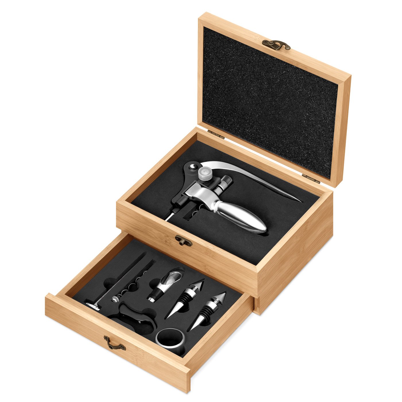 Murrano Wine Accessory Set with Personalized Bamboo Wood Box for Son's Birthday