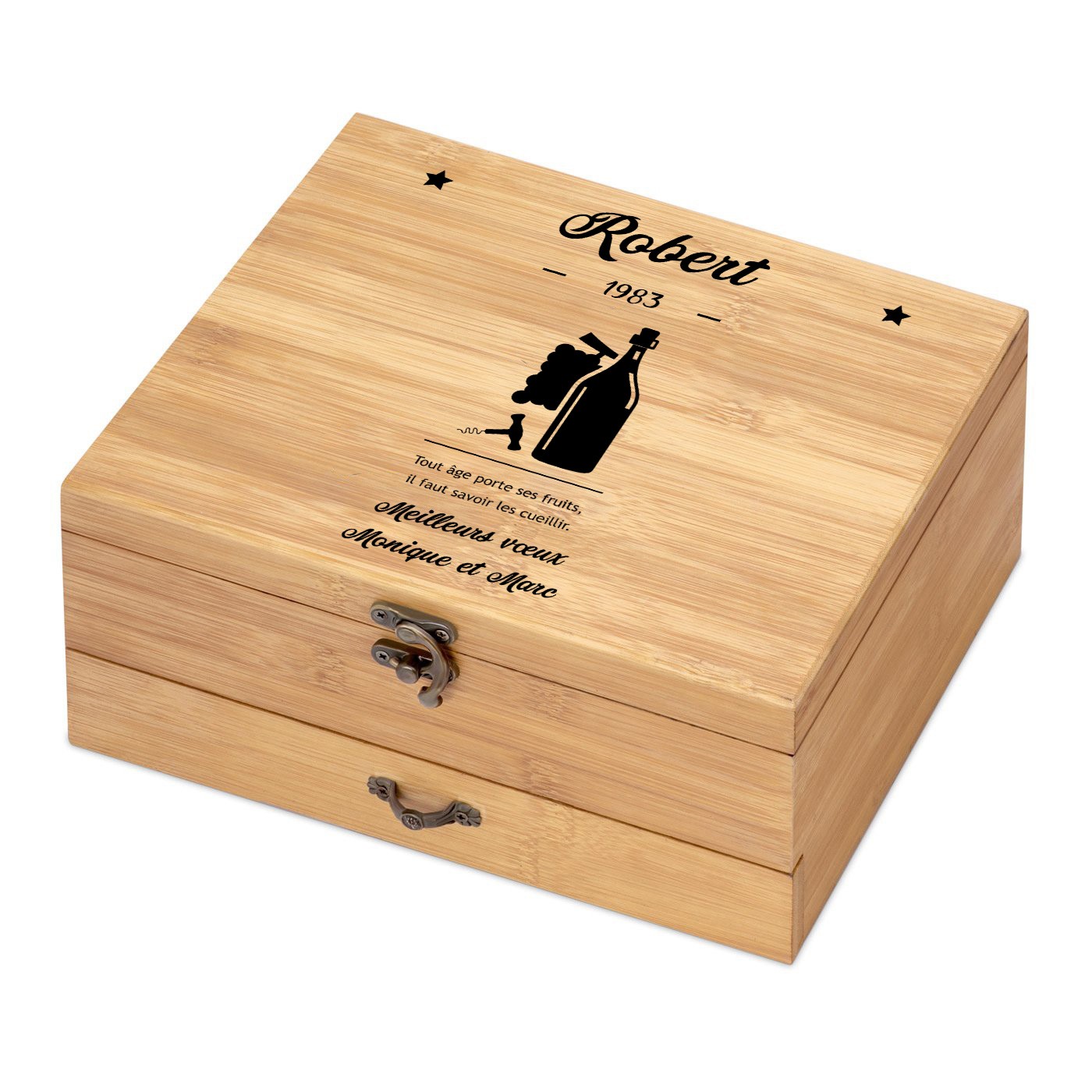 Murrano Wine Accessory Set with Personalized Bamboo Wood Box for Son's Birthday