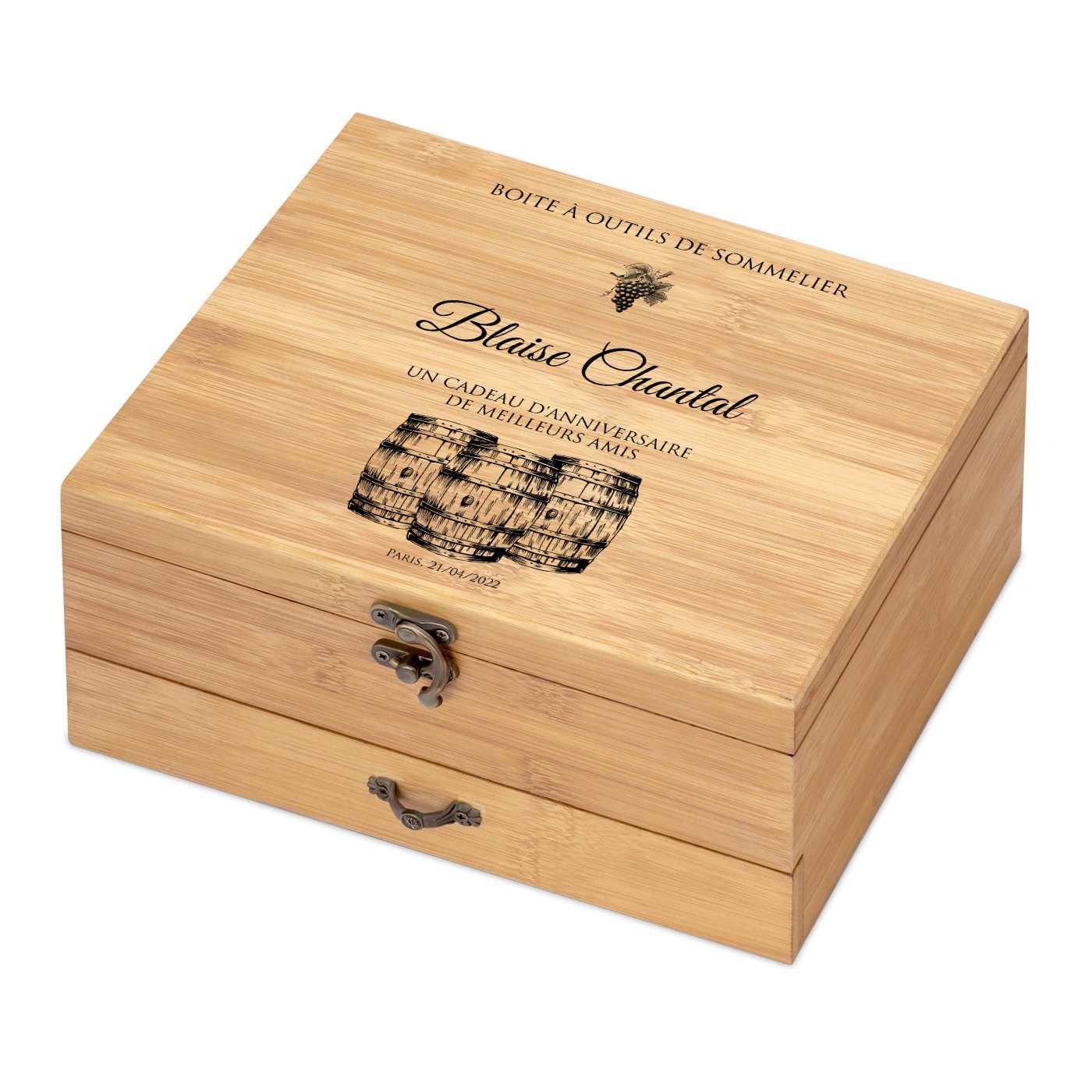 Set de accesorios para vino Murrano con estuche de bambú personalizado