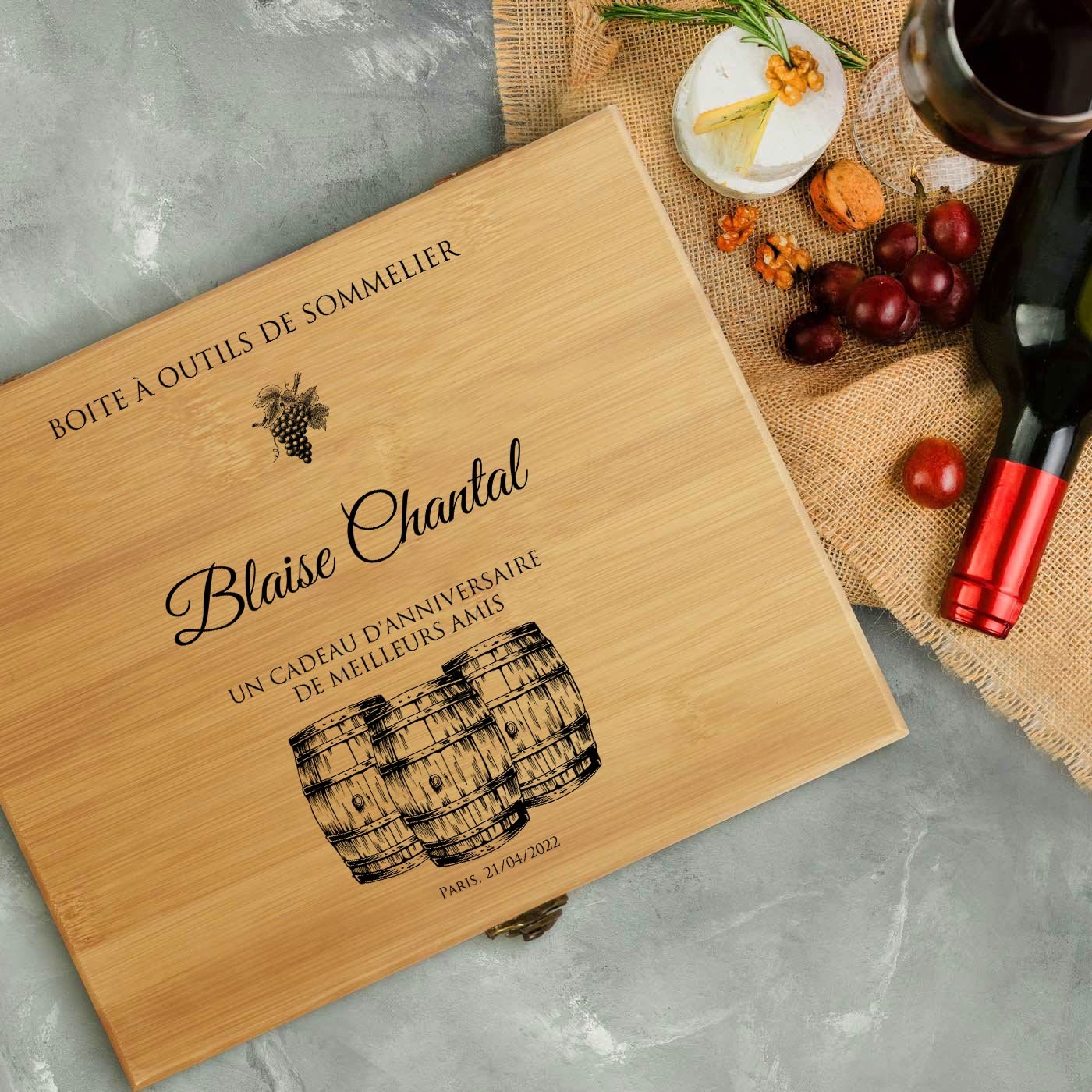 Set de accesorios para vino Murrano con estuche de bambú personalizado
