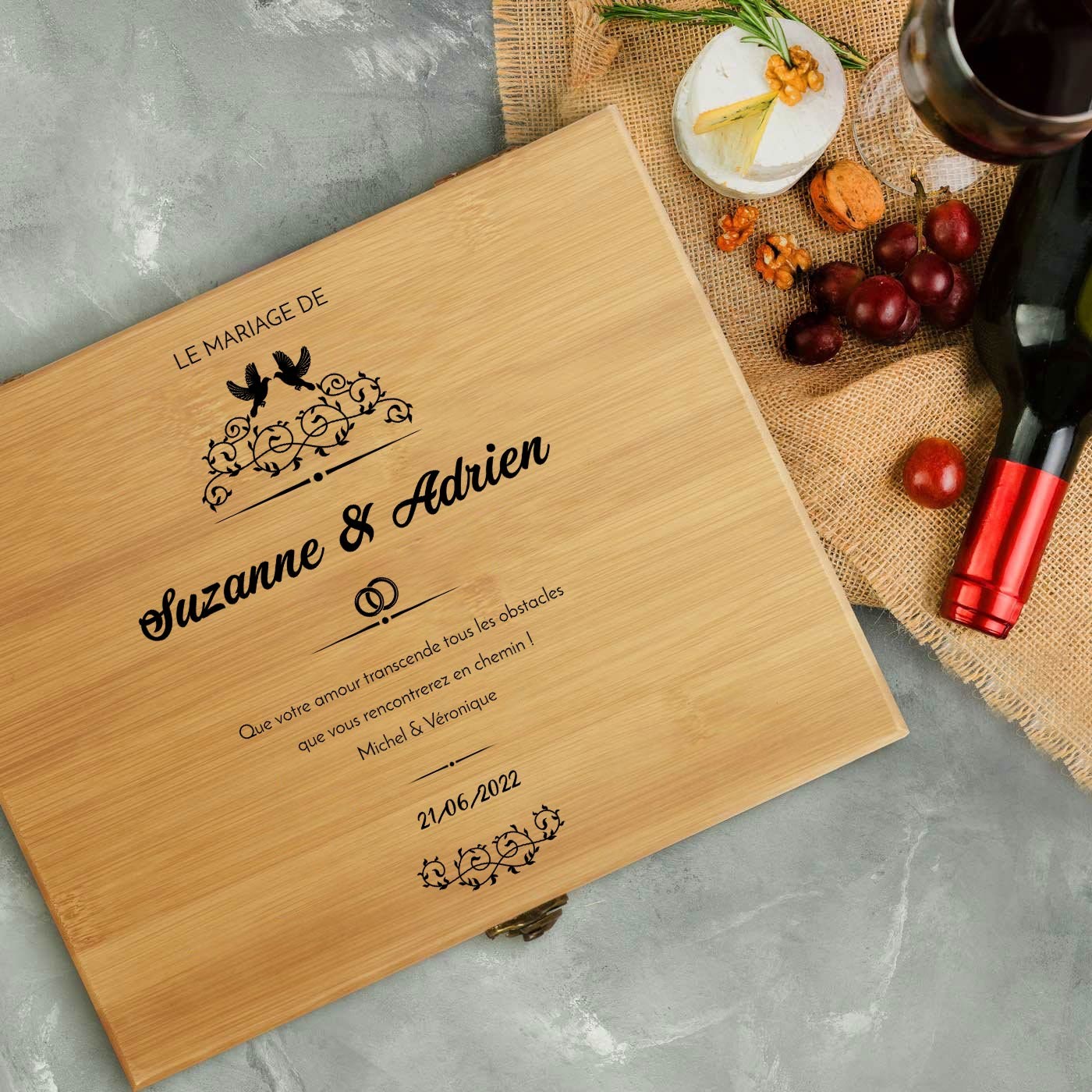 Murrano Bamboo Wood Wine Accessory Set for Bride and Groom
