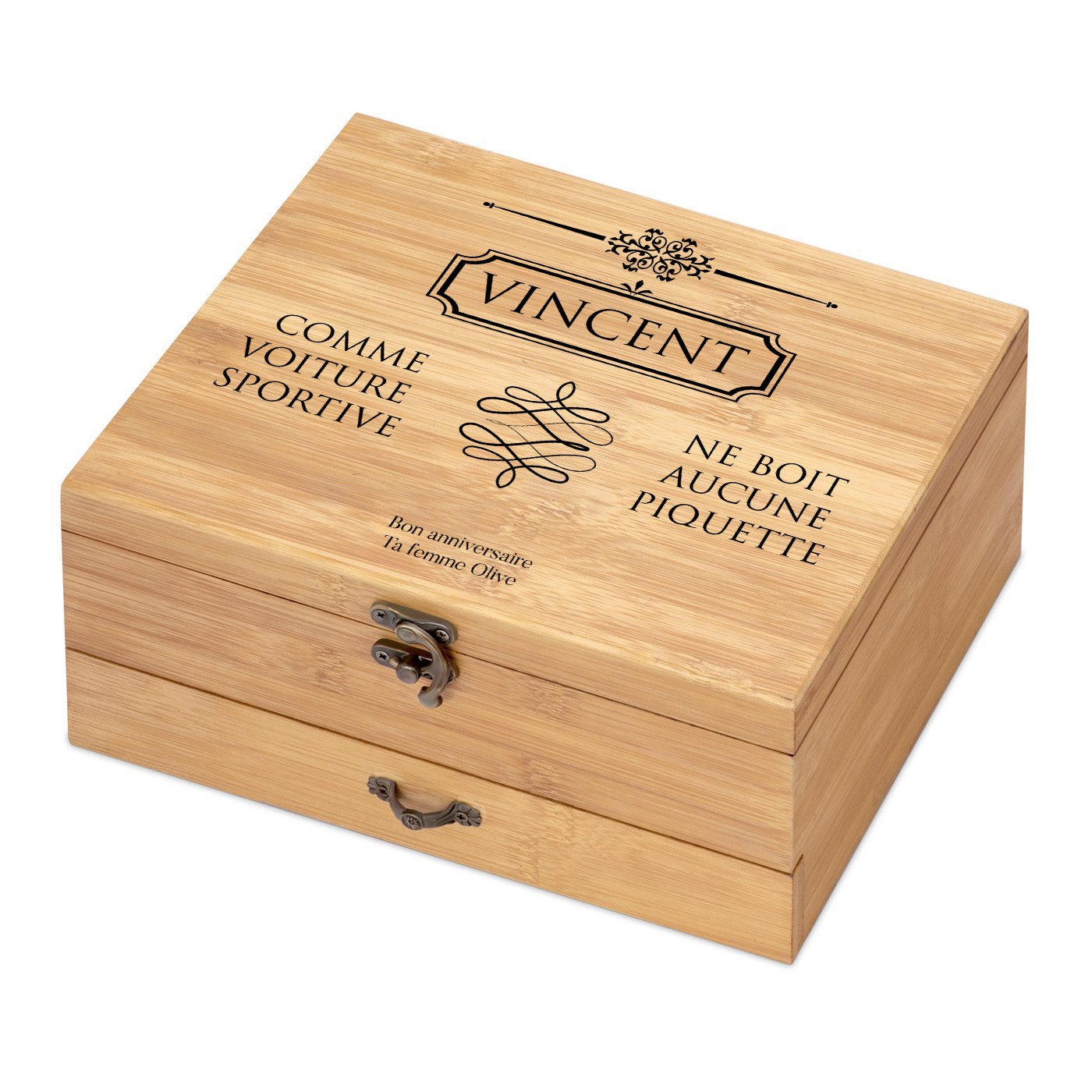 Murrano Wine Accessory Set with Customized Bamboo Wood Box for Husband's Birthday