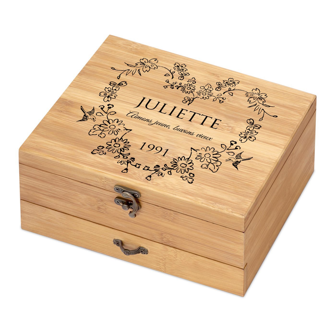 Murrano Wine Accessory Set with Personalized Bamboo Wood Box for Valentine's Day Gift